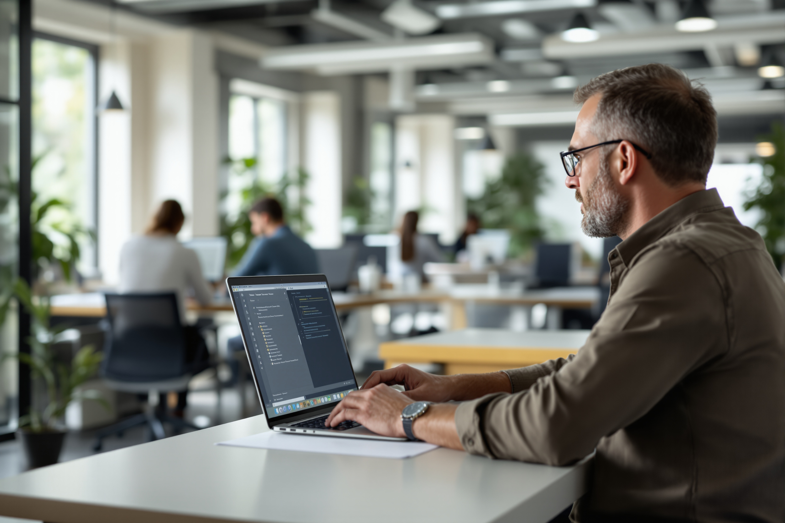 IT-Manager nutzt eine No-Code-KI-Plattform in einer modernen Büroumgebung.