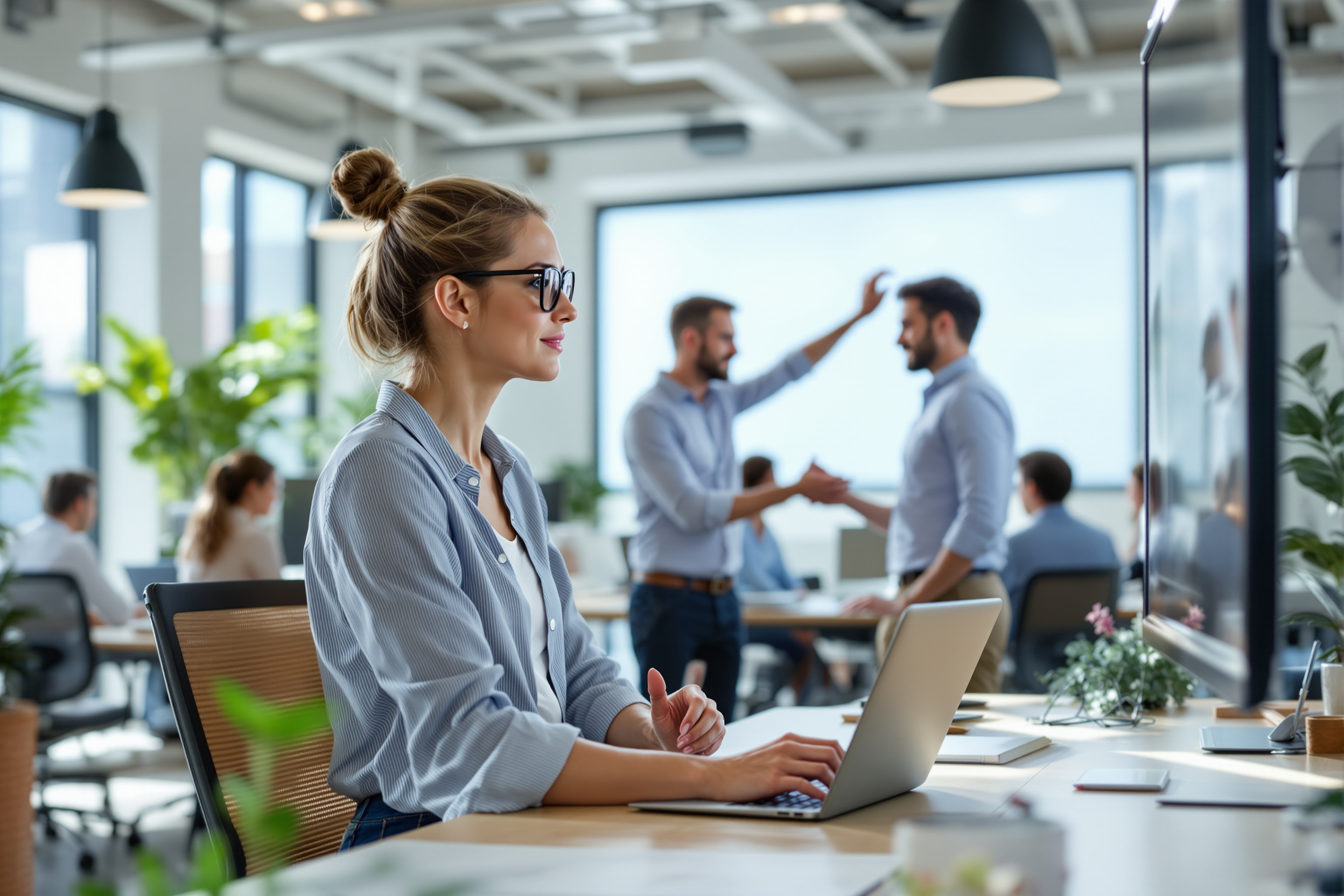 Mitarbeiter arbeiten gemeinsam an einer No-Code-KI-Plattform in einem modernen Büro.