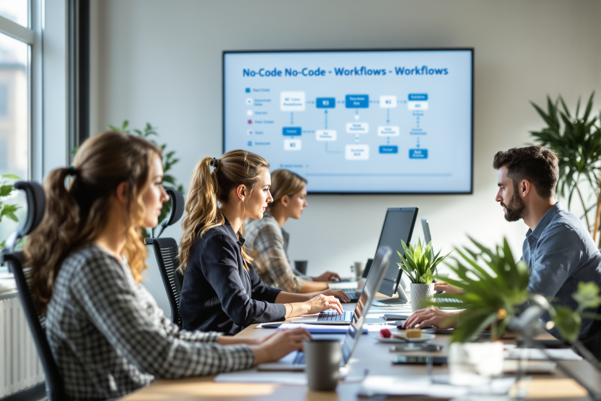 Team optimiert interne Prozesse mit KI-Workflows auf einer No-Code-Plattform in einem modernen Büro.