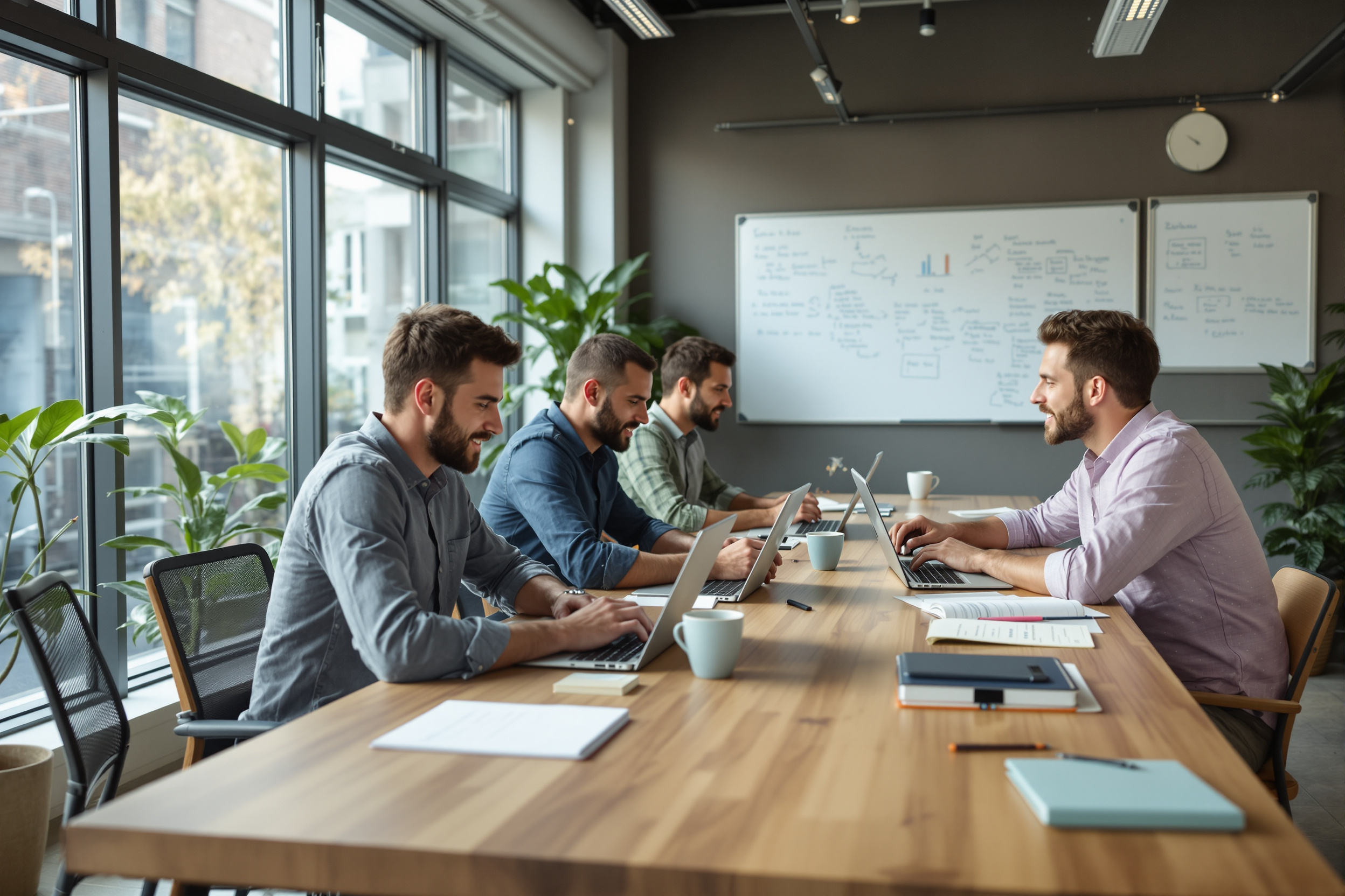 Team arbeitet gemeinsam an KI-Projekt mit Kauz.ai am modernen Arbeitsplatz.