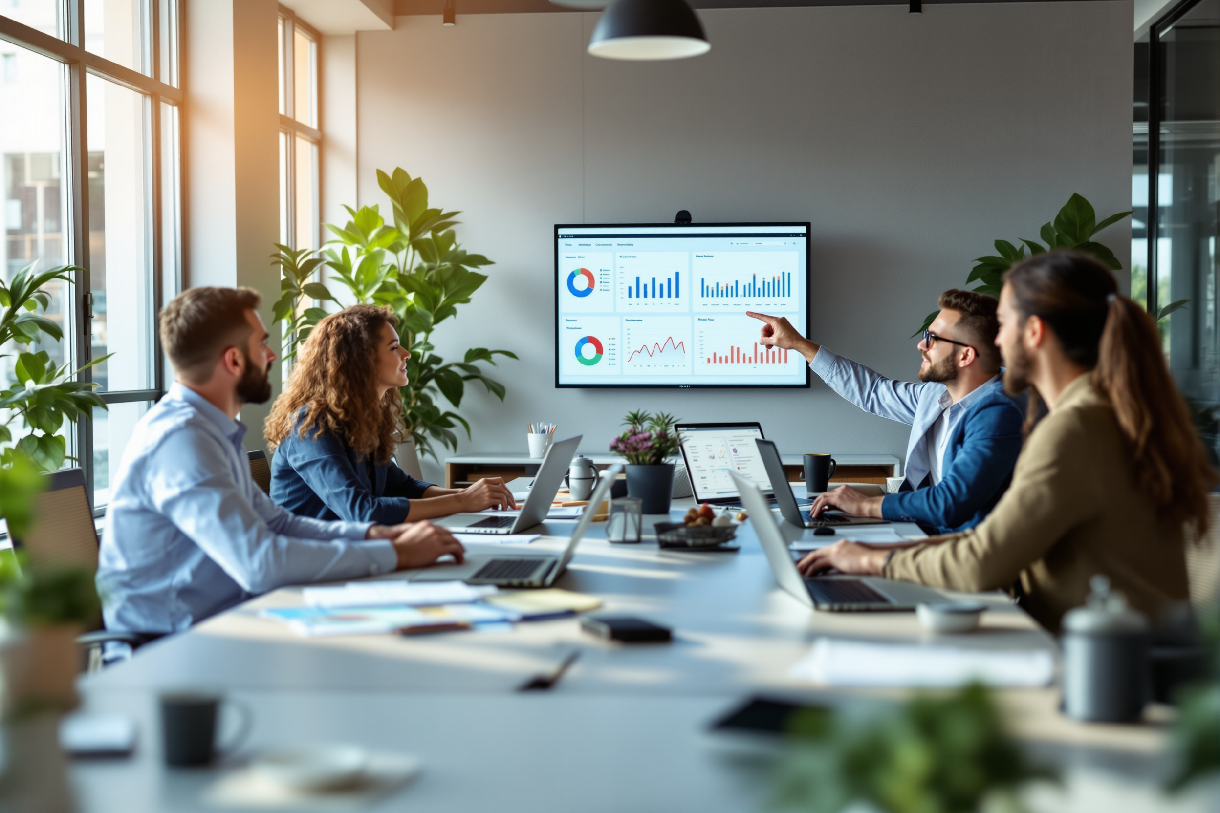 Business-Analysten nutzen KI-gestütztes Reporting ohne Code in einer modernen Büroumgebung.