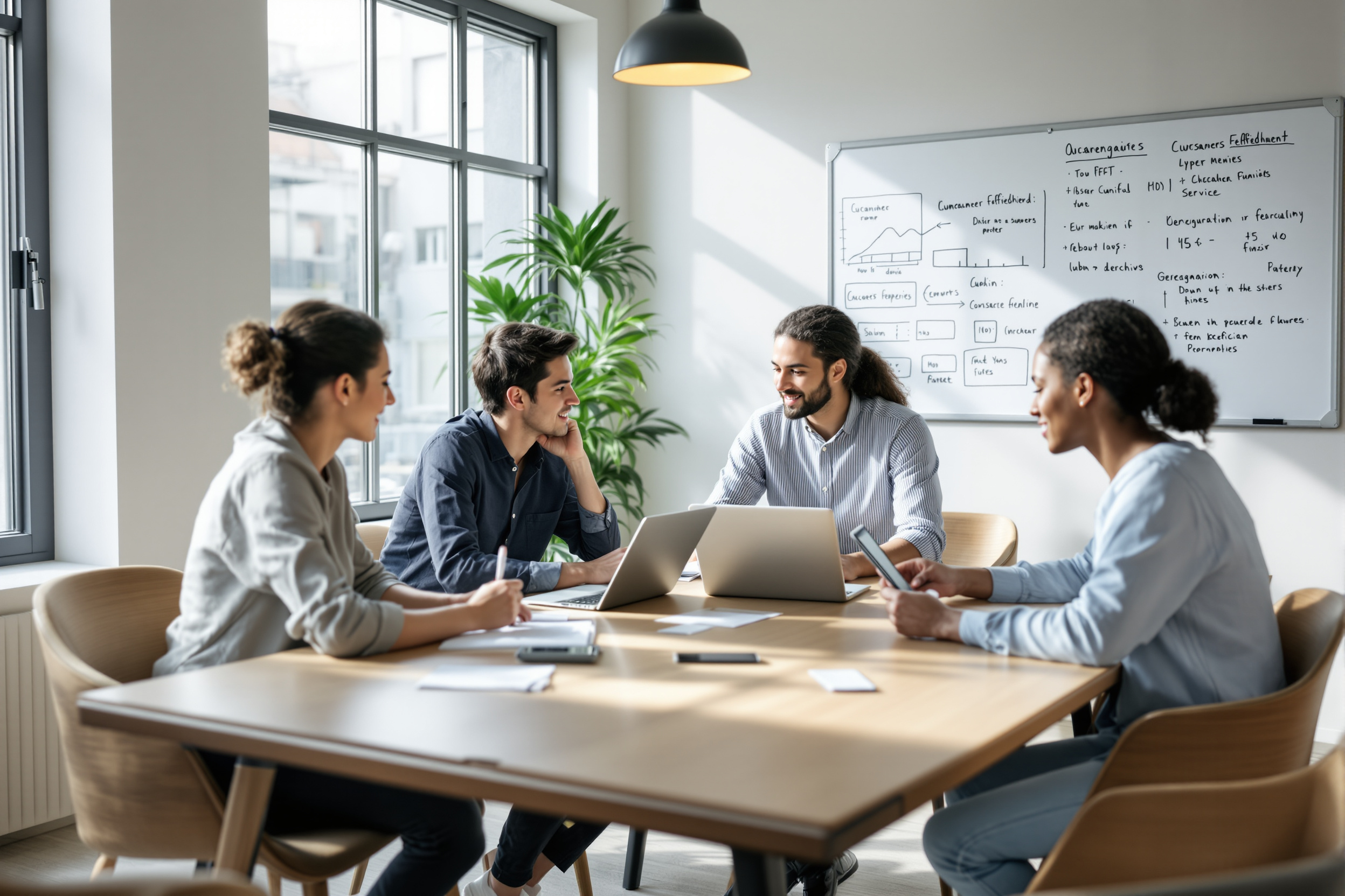Mitarbeiter analysieren Kundengespräche mit KI-gestützter No-Code-Plattform im Büro.