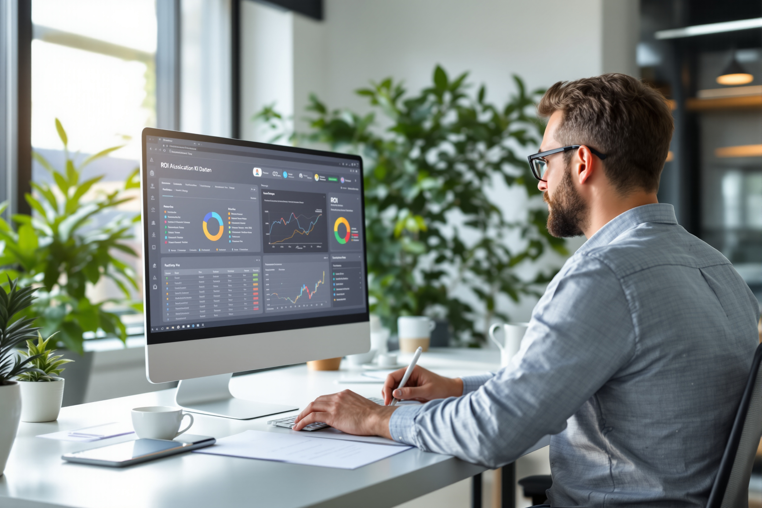 Mitarbeiter berechnet ROI eines internen KI-Assistenten im Büro.