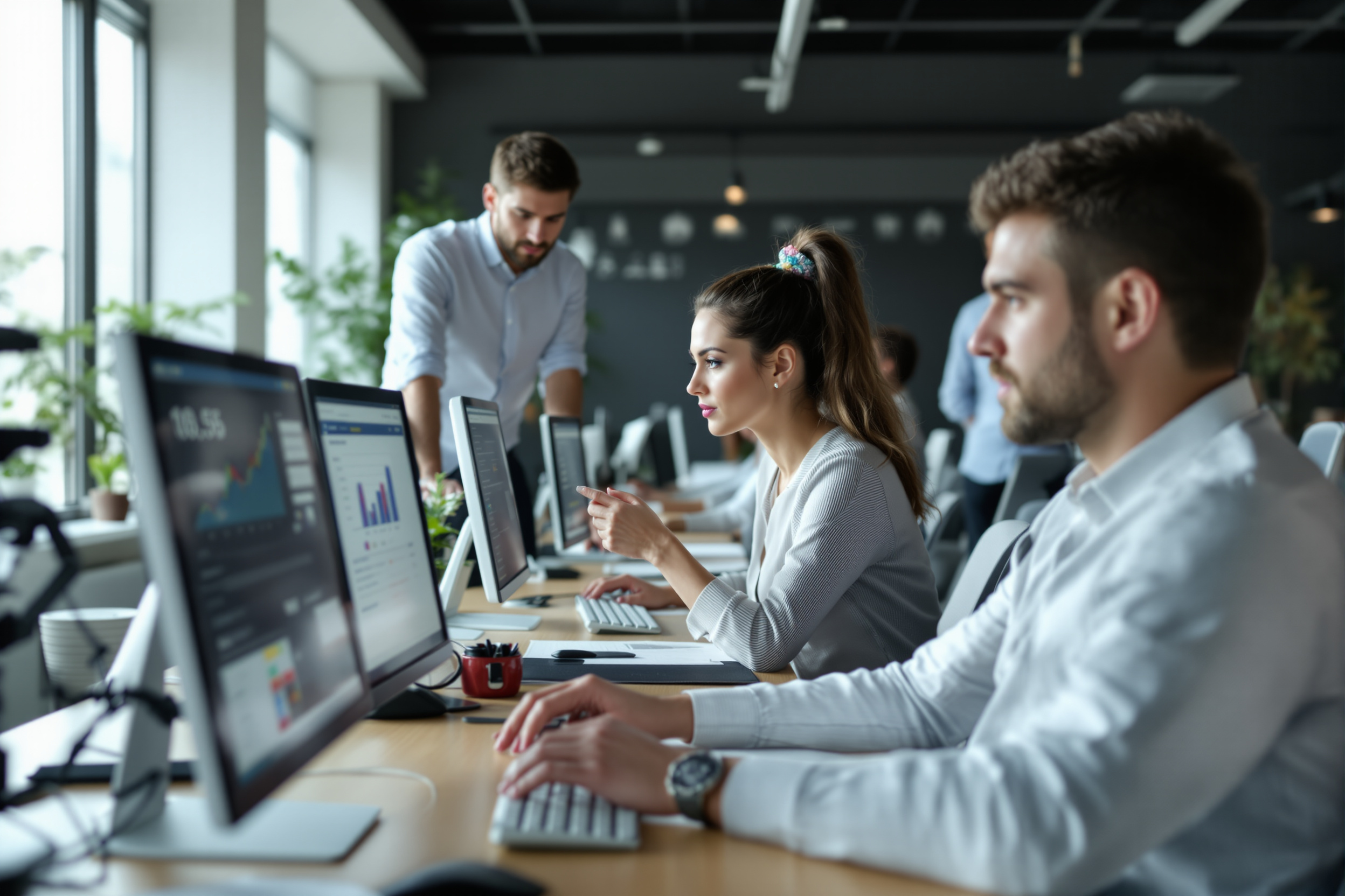 Regierungsangestellte arbeiten mit KI-gestützter Software in einem modernen Büro.
