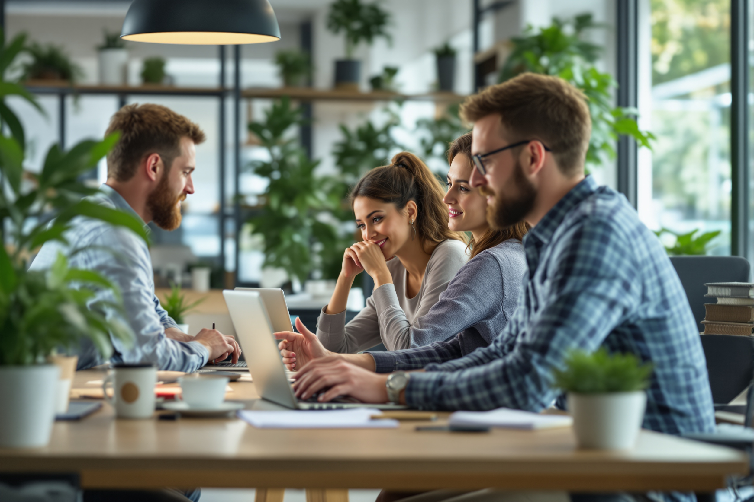 Mitarbeiter nutzen eine No-Code-KI-Plattform in einem modernen Büro