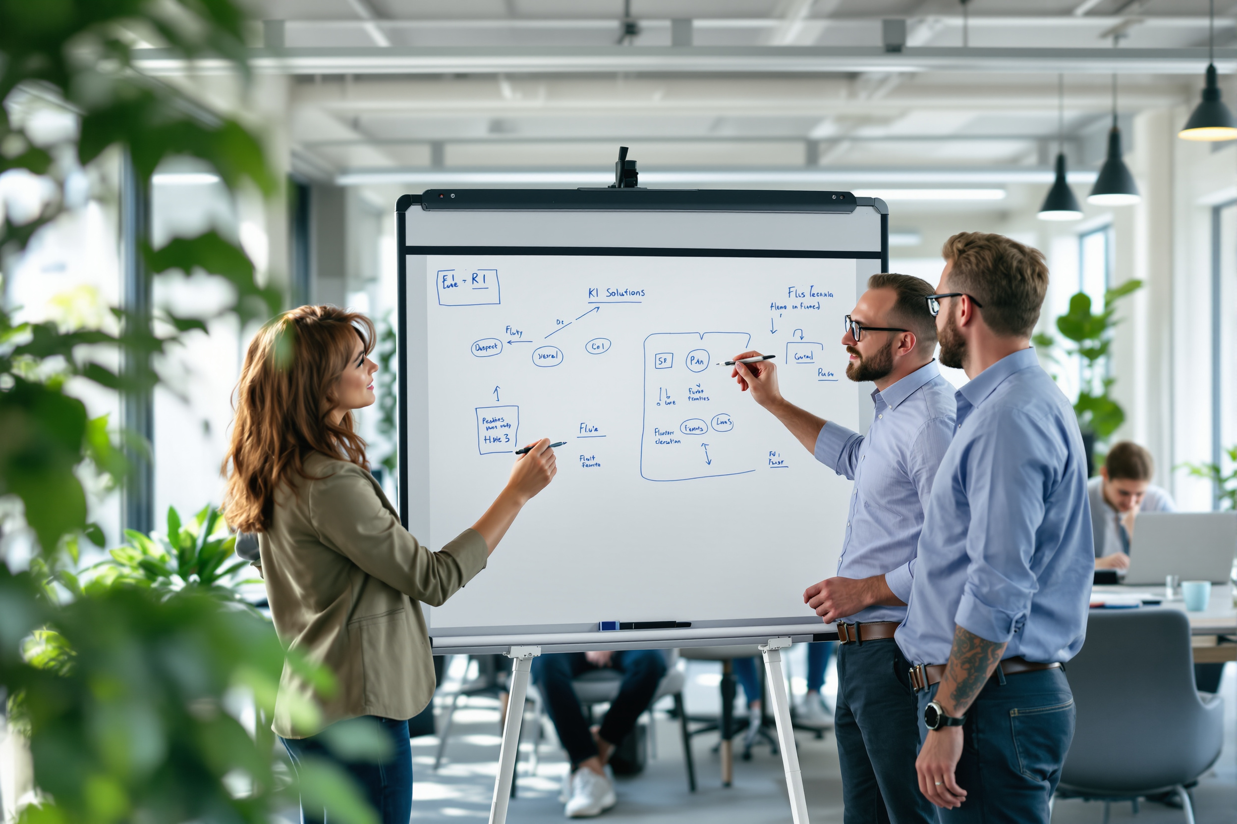 Team arbeitet an interaktivem Whiteboard mit KI-Lösungsdiagrammen in hellem