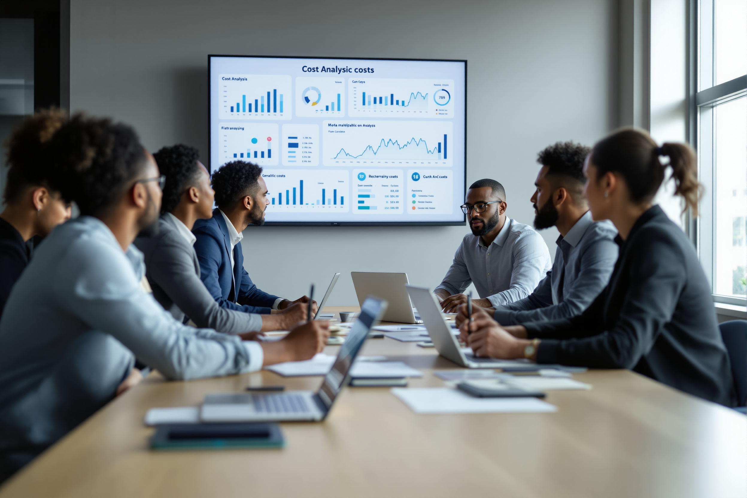 Team analysiert Kosten für interne GPT-Lösung in einem modernen Büro.