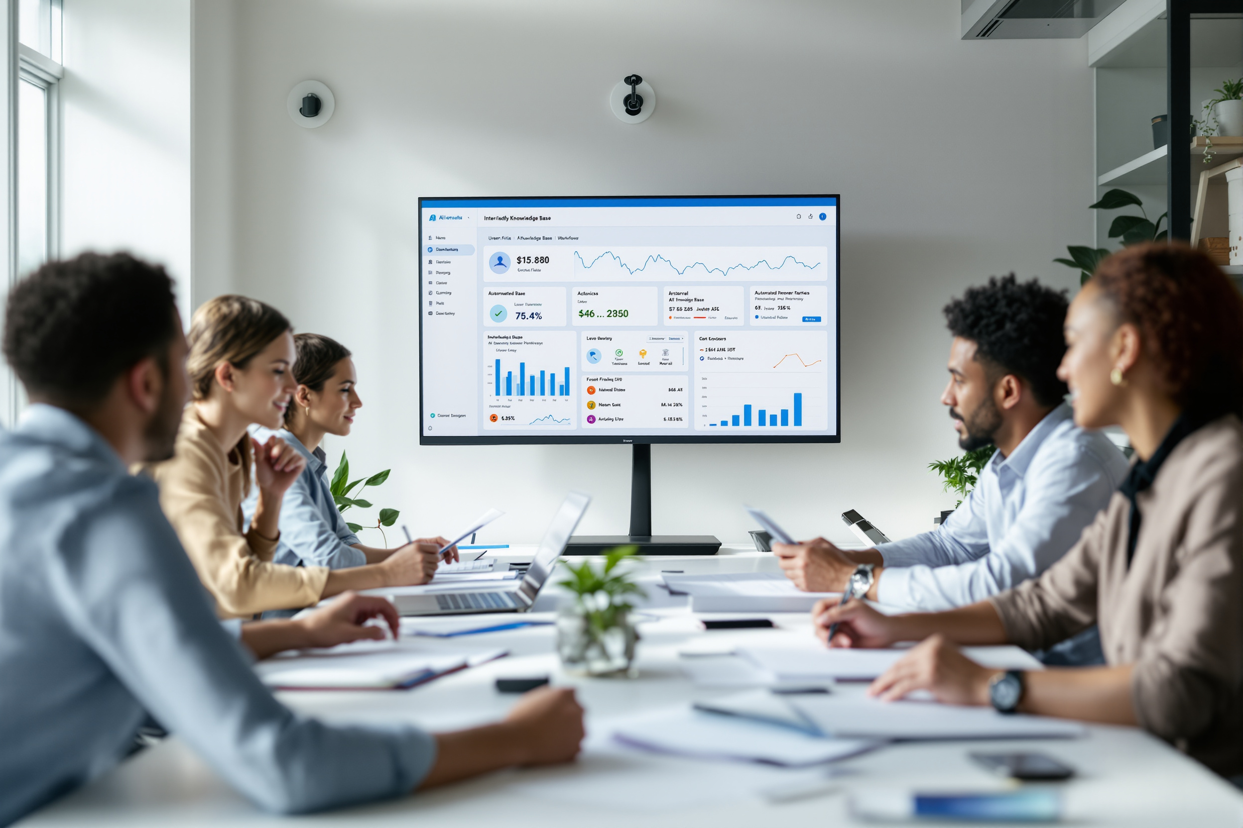 Mitarbeiter arbeiten gemeinsam in einem modernen Büro und nutzen eine KI-gestützte Wissensmanagement-Plattform.