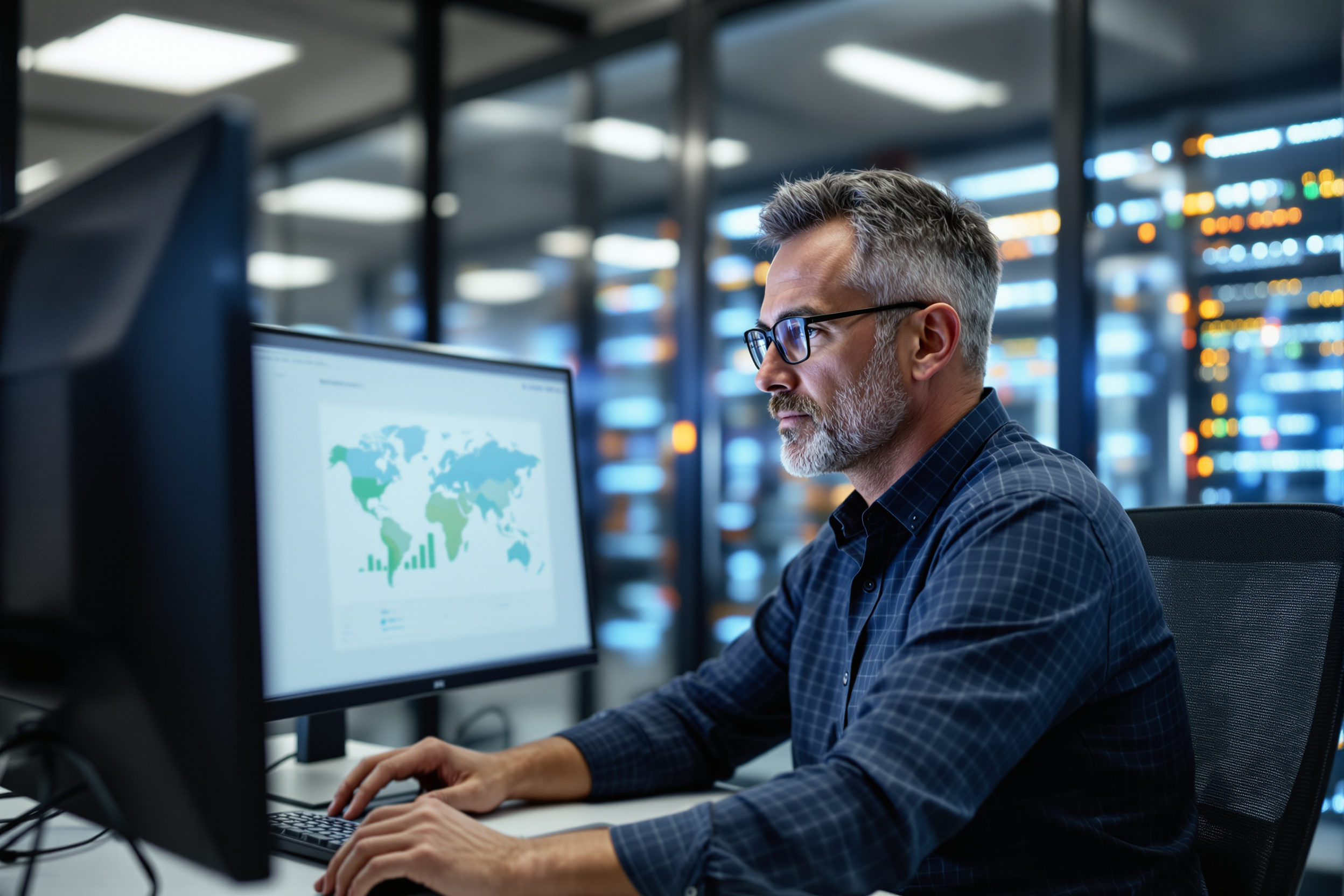 IT-Sicherheitsexperte arbeitet an On-Premise KI-Vertragsanalysesoftware in einem sicheren Serverraum.