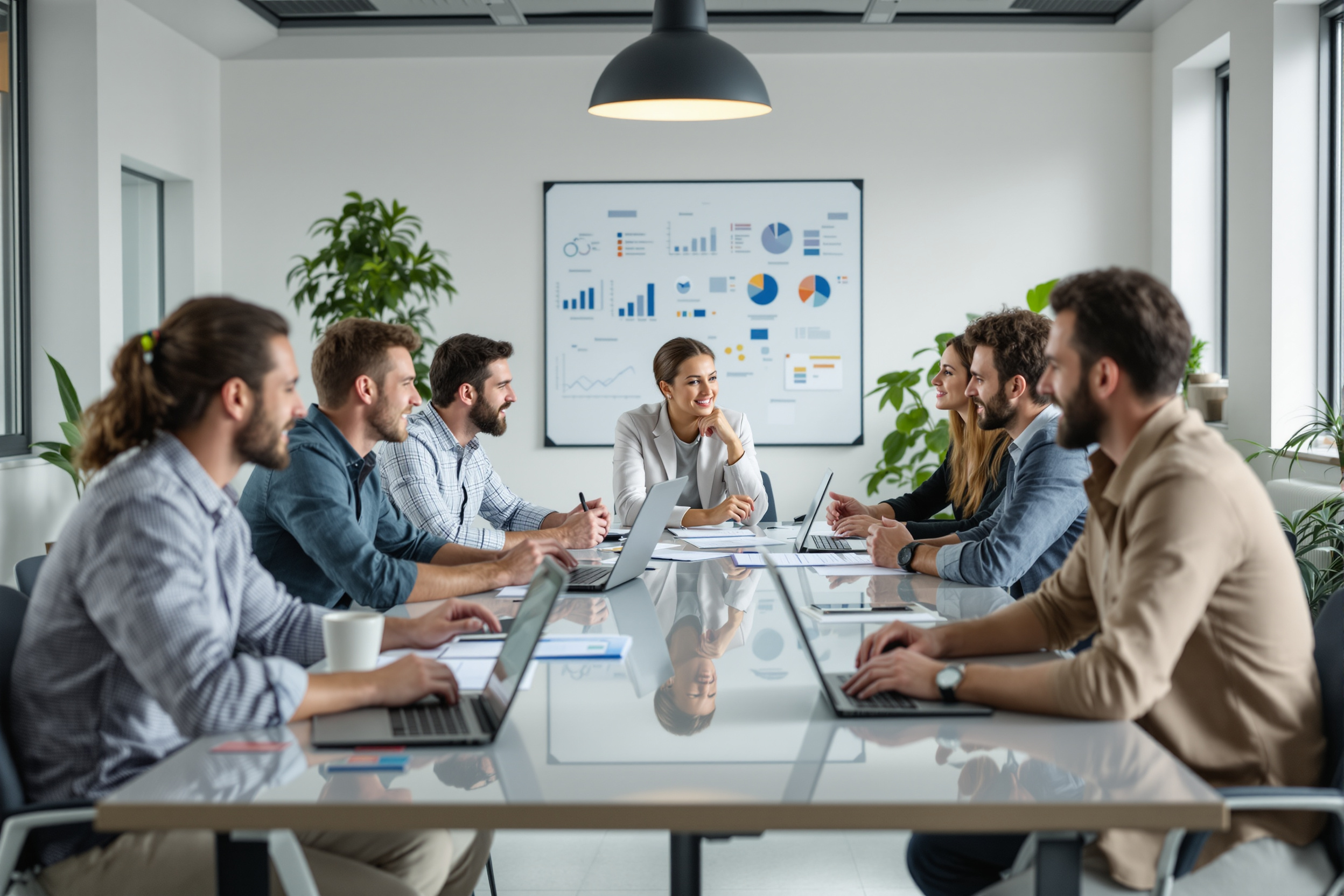 Mitarbeiter erstellen gemeinsam ein unternehmensweites Glossar mit KI an einem Tisch in einem modernen Büro.