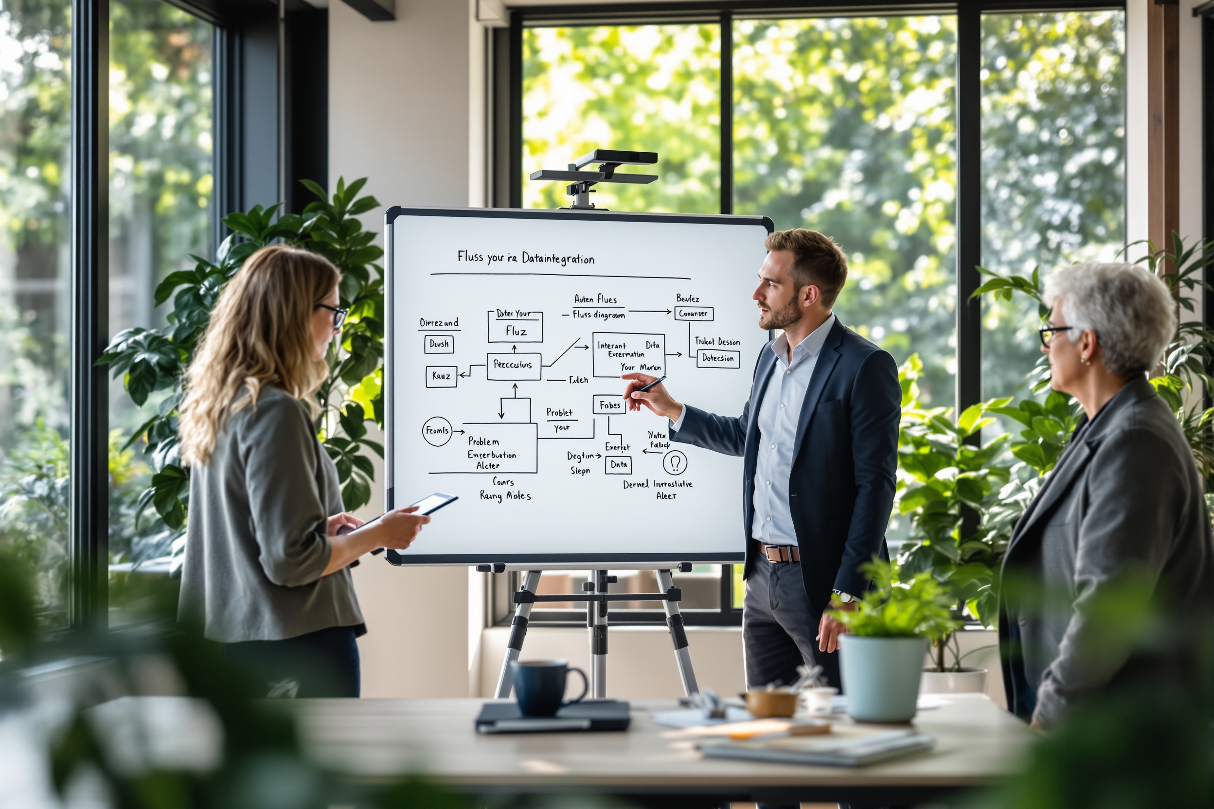 Mitarbeiter trainieren LLM mit Unternehmensdaten an einem interaktiven Whiteboard.