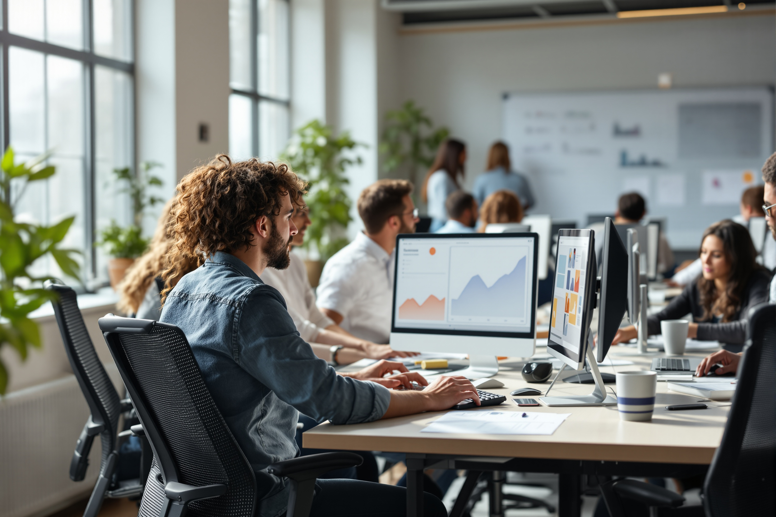 Mitarbeiter in einem modernen Büro arbeiten an Computern mit Diagrammen zur Conversion-Rate-Steigerung.
