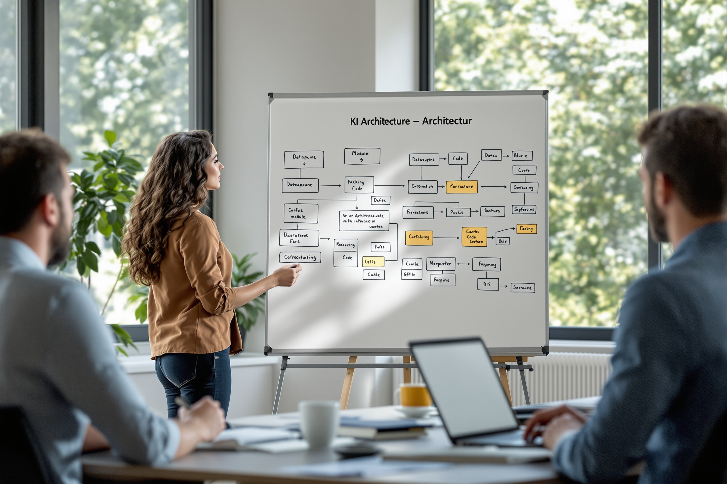 Mitarbeiter eines KMU diskutieren eine KI-Architektur auf einem Whiteboard