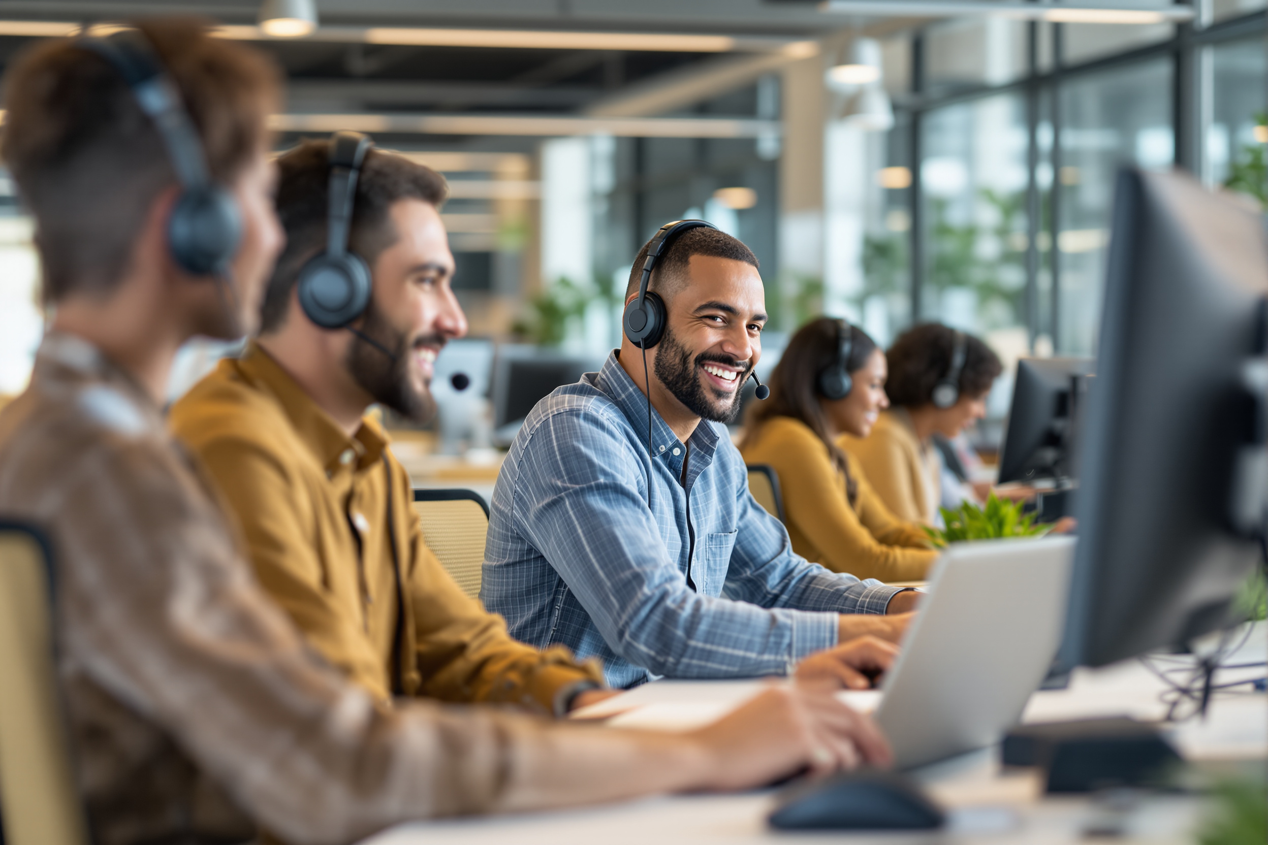 IT-Helpdesk-Mitarbeiter unterstützen Angestellte bei Computerproblemen in einem modernen Büro.