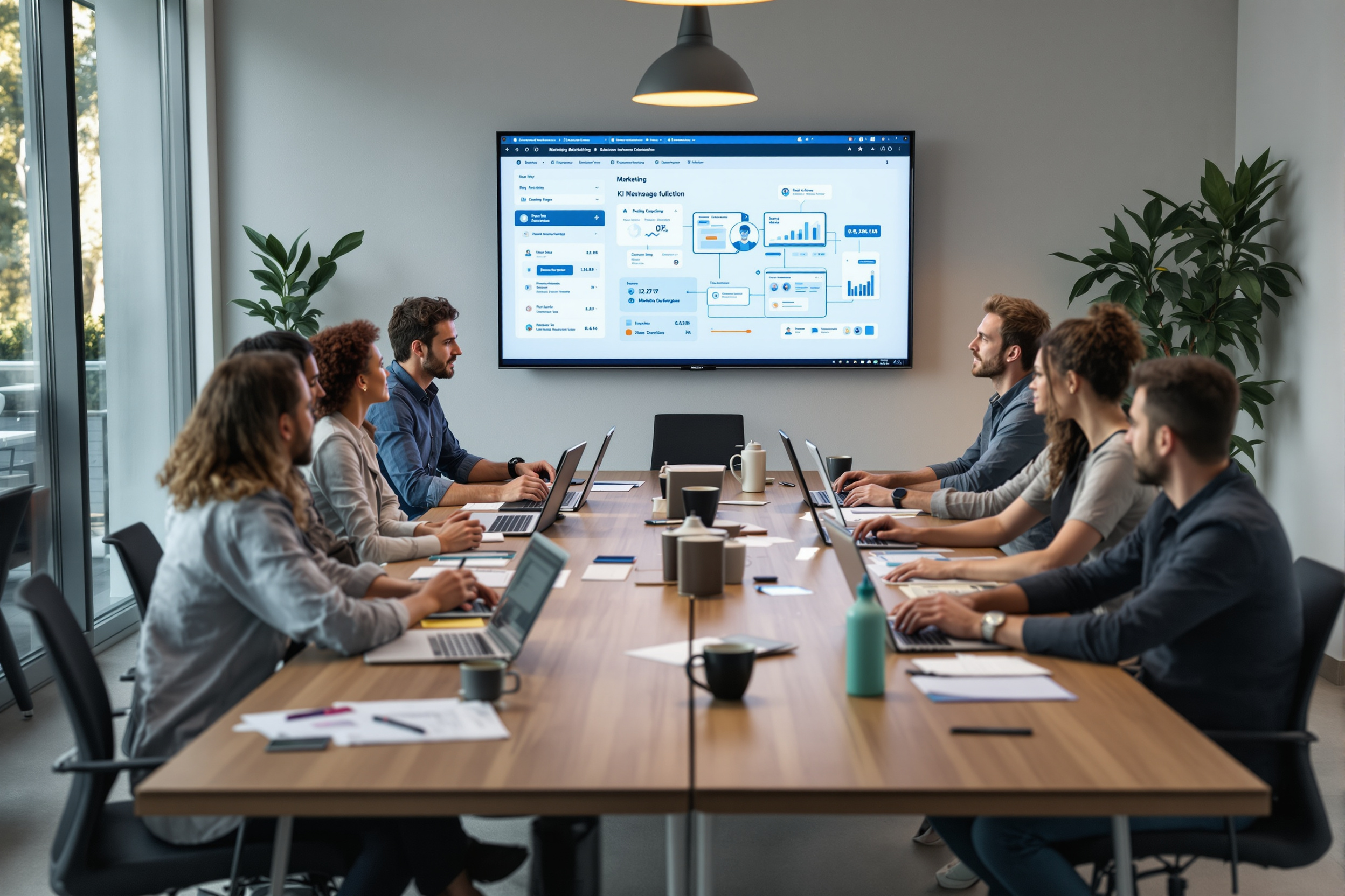 Team arbeitet gemeinsam an einer No-Code KI-Plattform für Marketing-Automatisierung in einem hellen Büro.