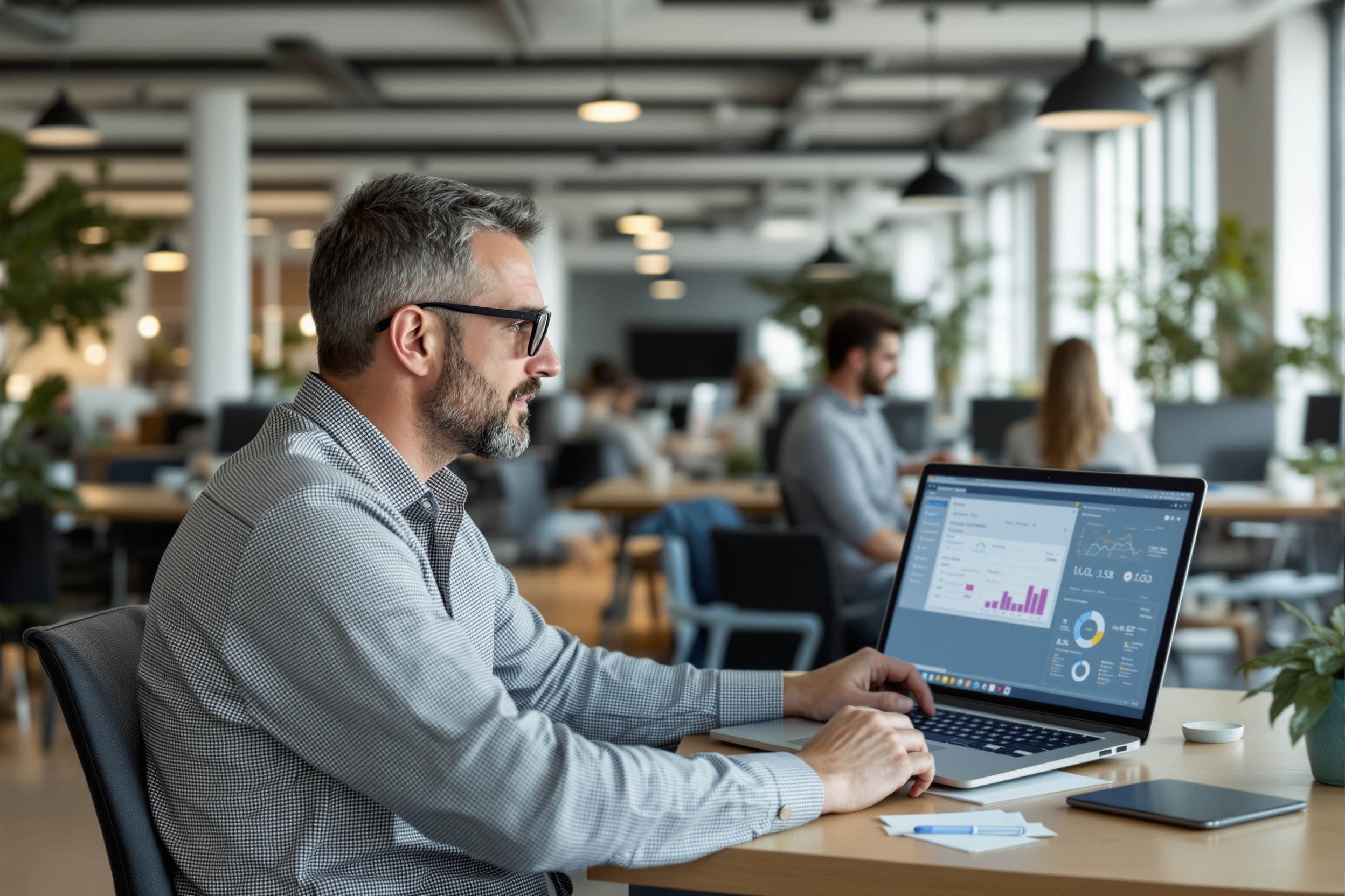 Mann optimiert Vertrieb mit No-Code-Plattform am Laptop.
