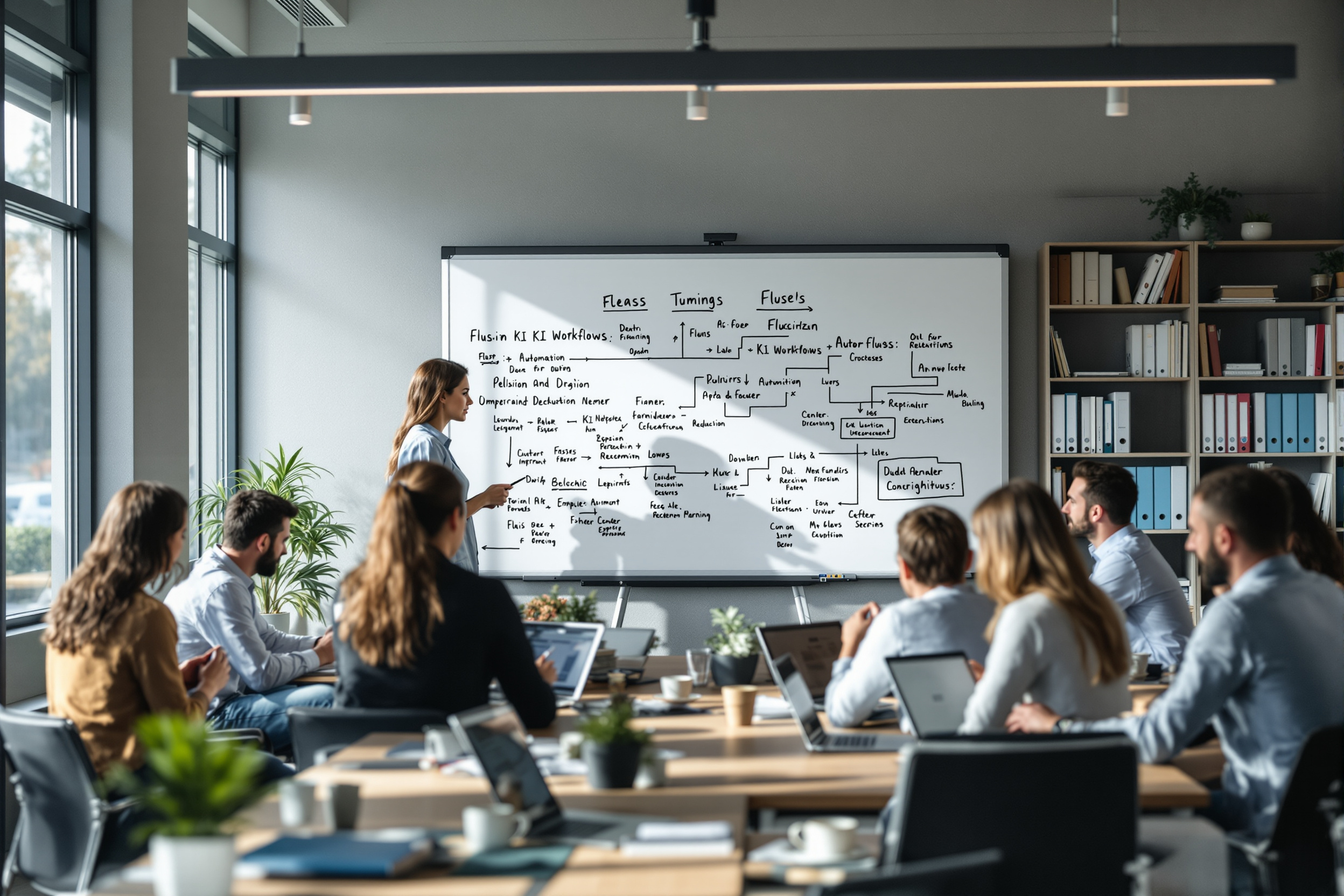 Team arbeitet an Whiteboard mit KI-Workflow-Diagrammen in einem modernen Büro.
