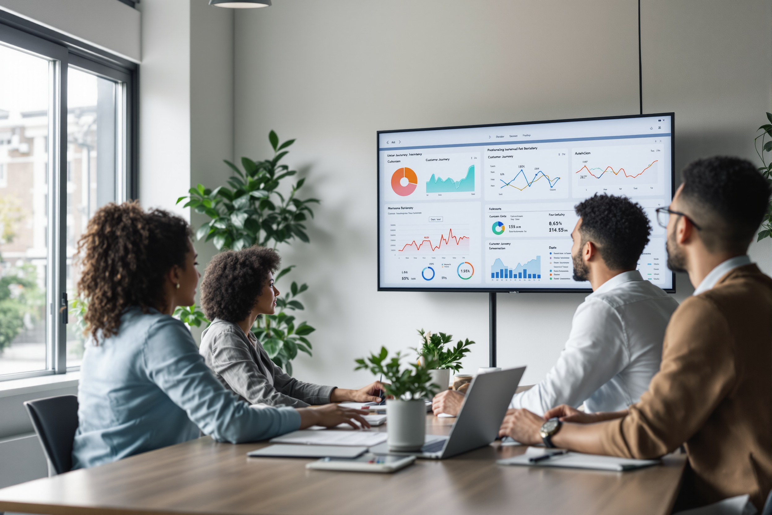 Team analysiert Kundendaten auf interaktivem Bildschirm zur intelligenten Kundenprofilierung.