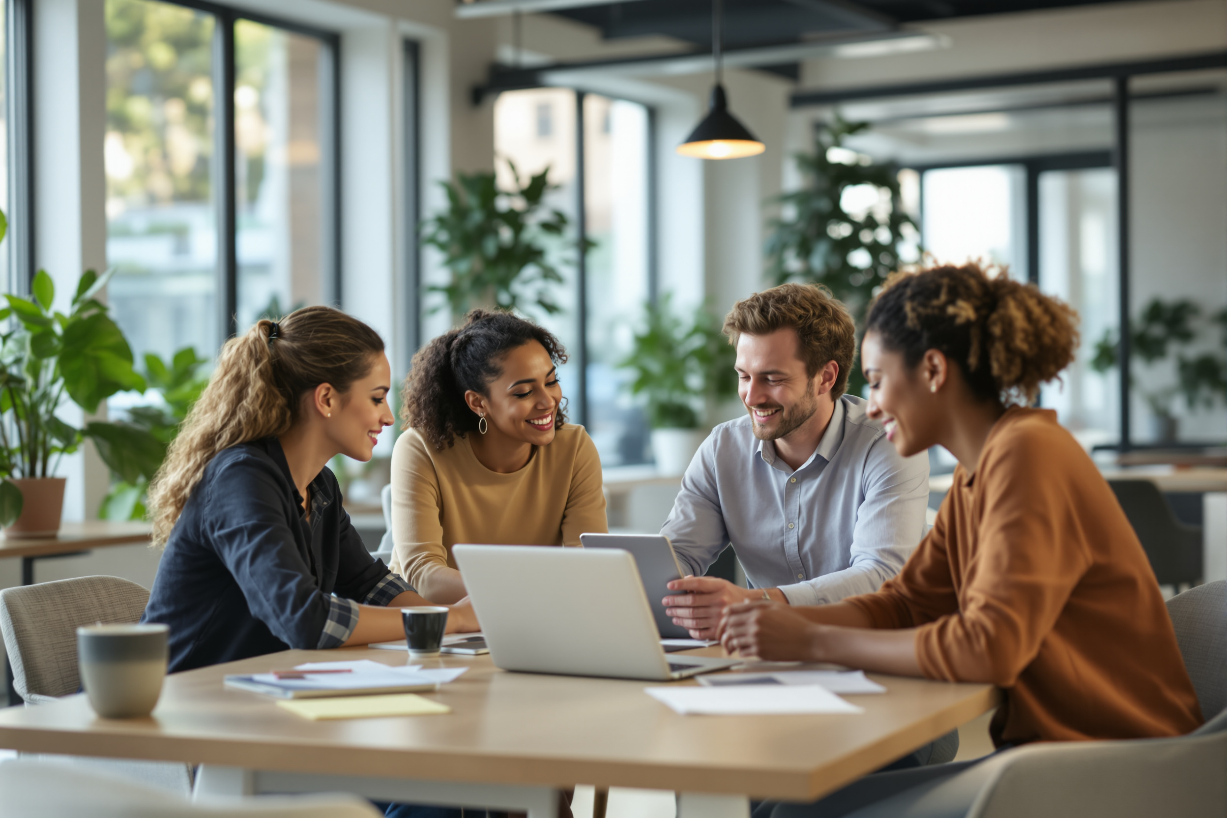 Team arbeitet gemeinsam an einer KI-Chatbot-Lösung in einem modernen Büro.