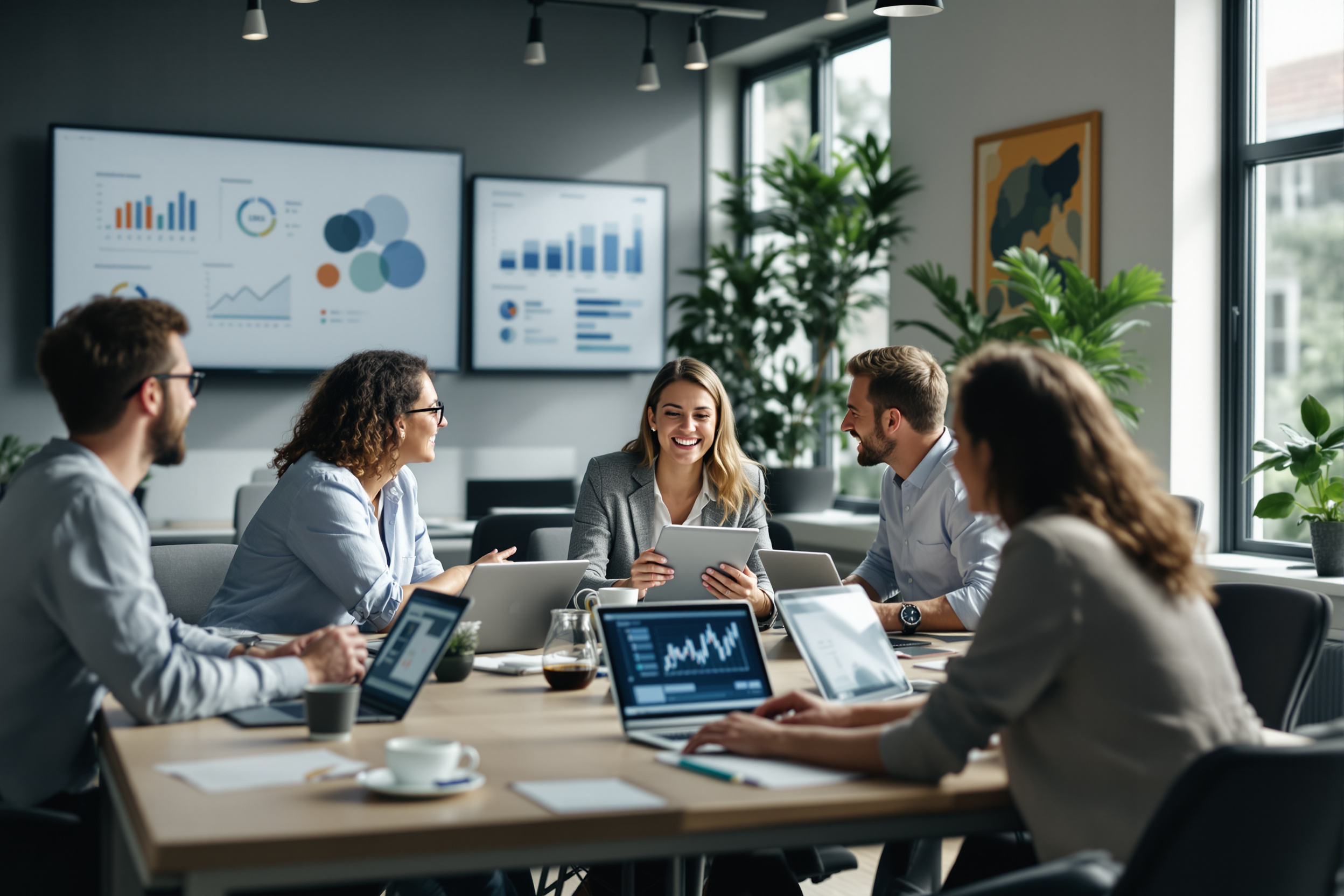 Mitarbeiter arbeiten gemeinsam an digitalen Kundenbindungsstrategien mit Tablets und Laptops in einem modernen Büro.