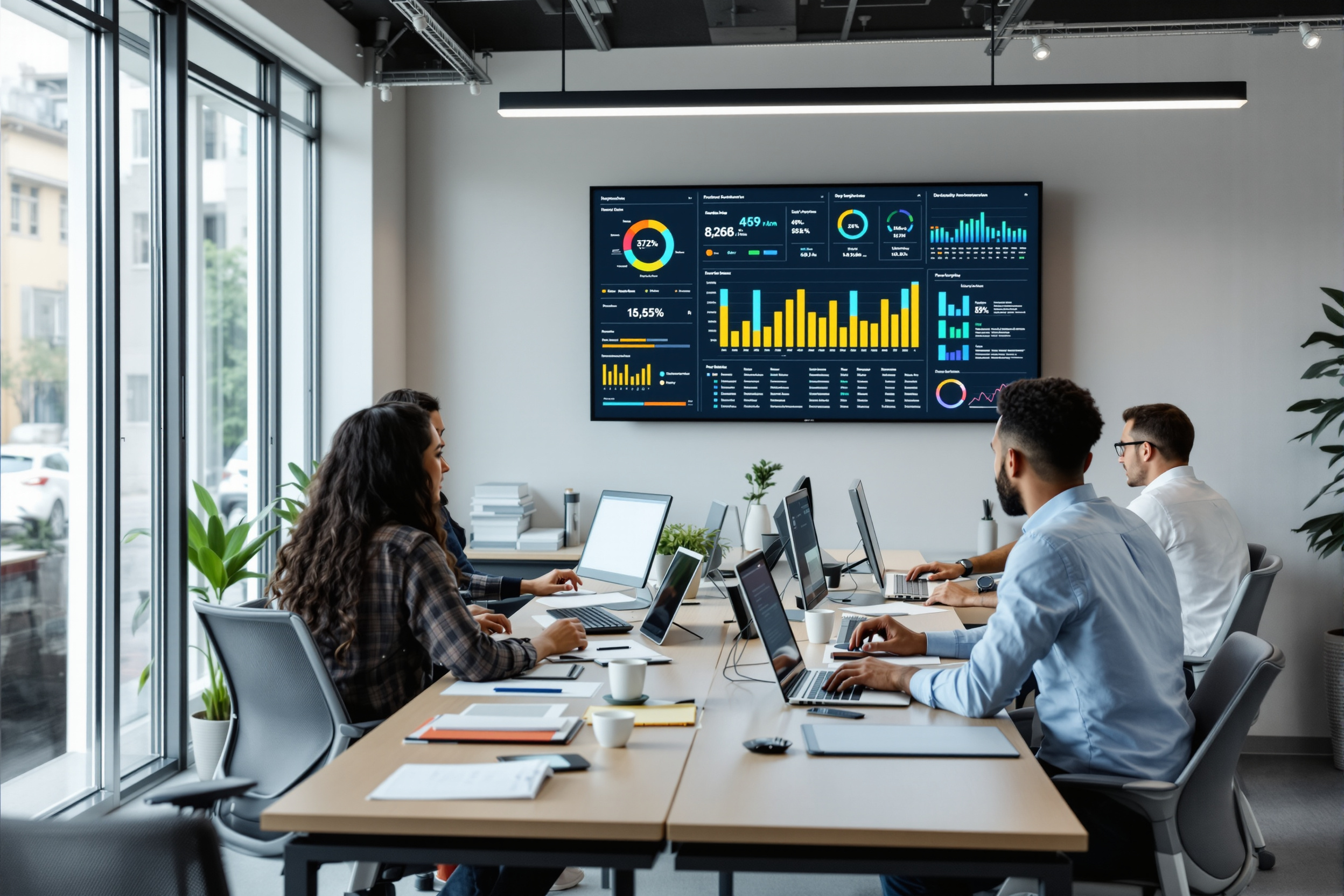Mitarbeiter arbeiten in einem modernen Büro mit KI-gestützter Datenanalyse zur Umsatzsteigerung.