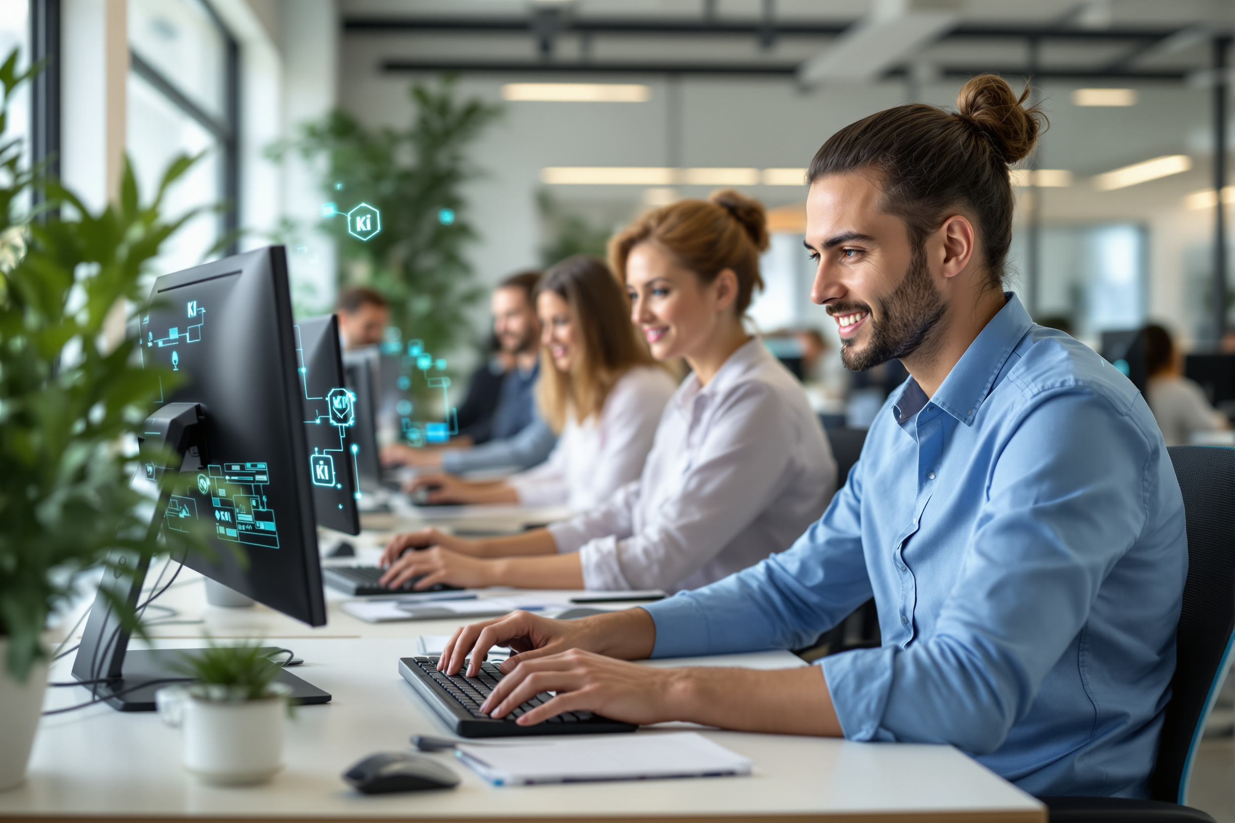 Kundendienstmitarbeiter nutzen KI-Assistenten zur proaktiven Kundenbetreuung in einem modernen Büro.