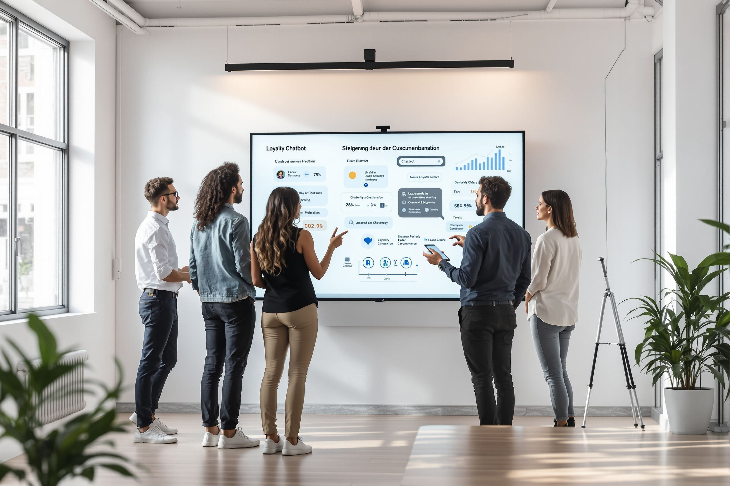 Team plant Chatbot-gestütztes Loyalty-Programm im modernen Büro.