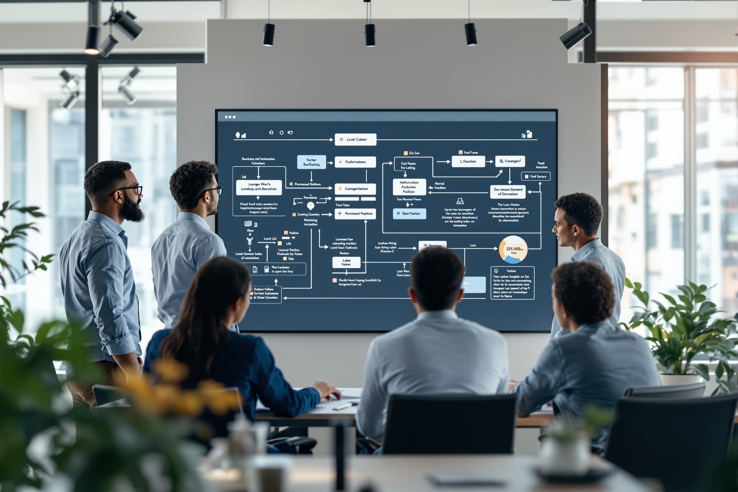 Team arbeitet an Workflow-Diagramm zur effizienten Prozesssteuerung.