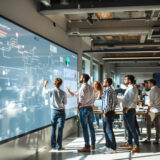 Team nutzt No-Code-Plattform zur KI-gestützten Prozessautomatisierung in modernem Büro