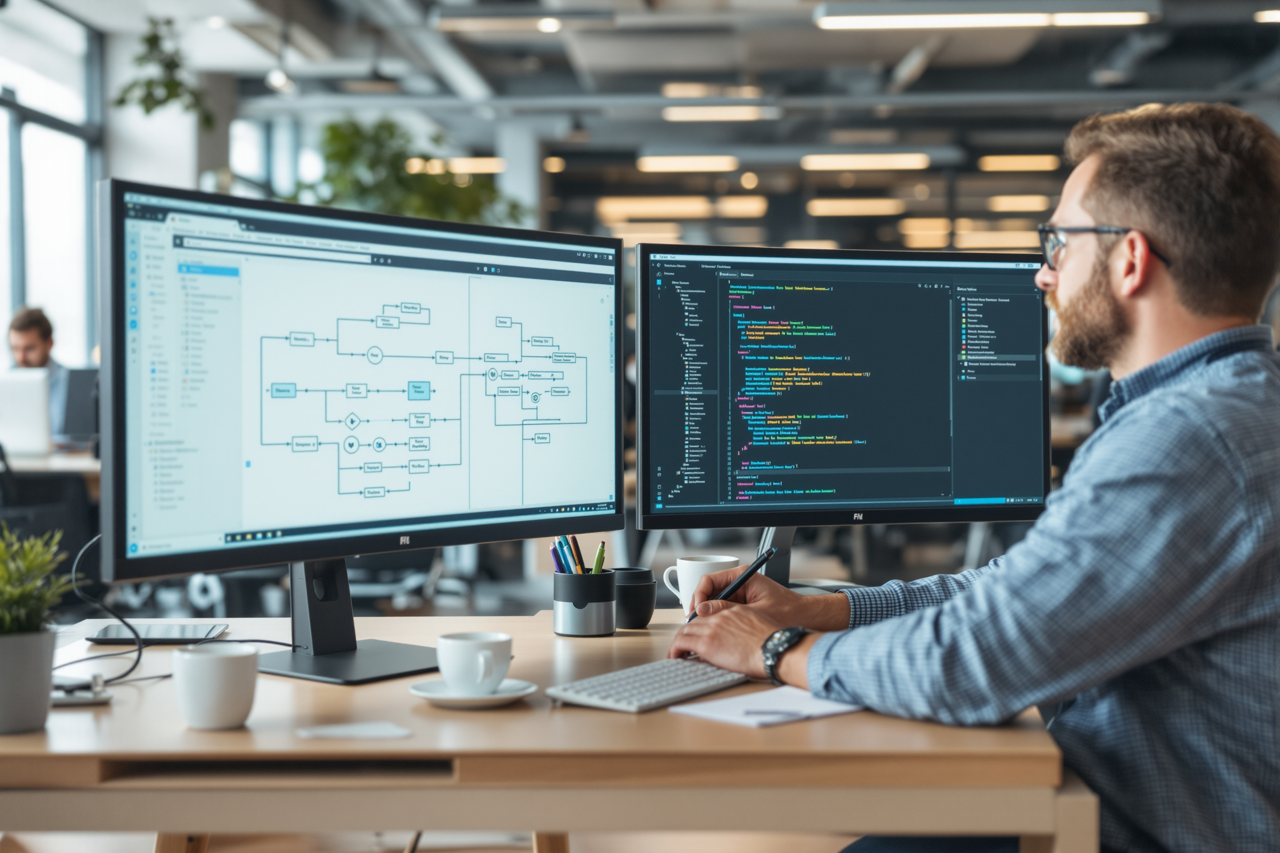 Softwareentwickler arbeiten gemeinsam an der Testbarkeit von Workflows mit einer No-Code-Plattform.