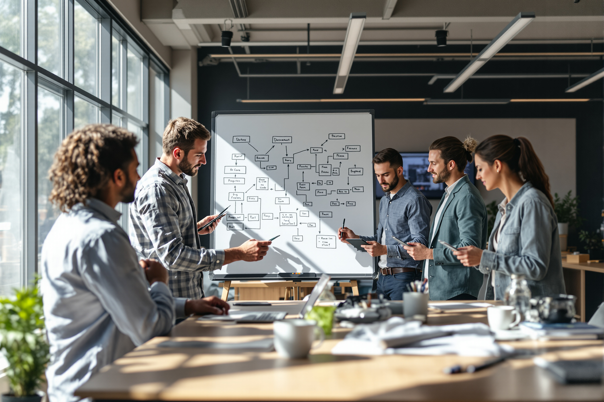 Team plant Workflow-Optimierung mit No-Code-Lösungen am Whiteboard.