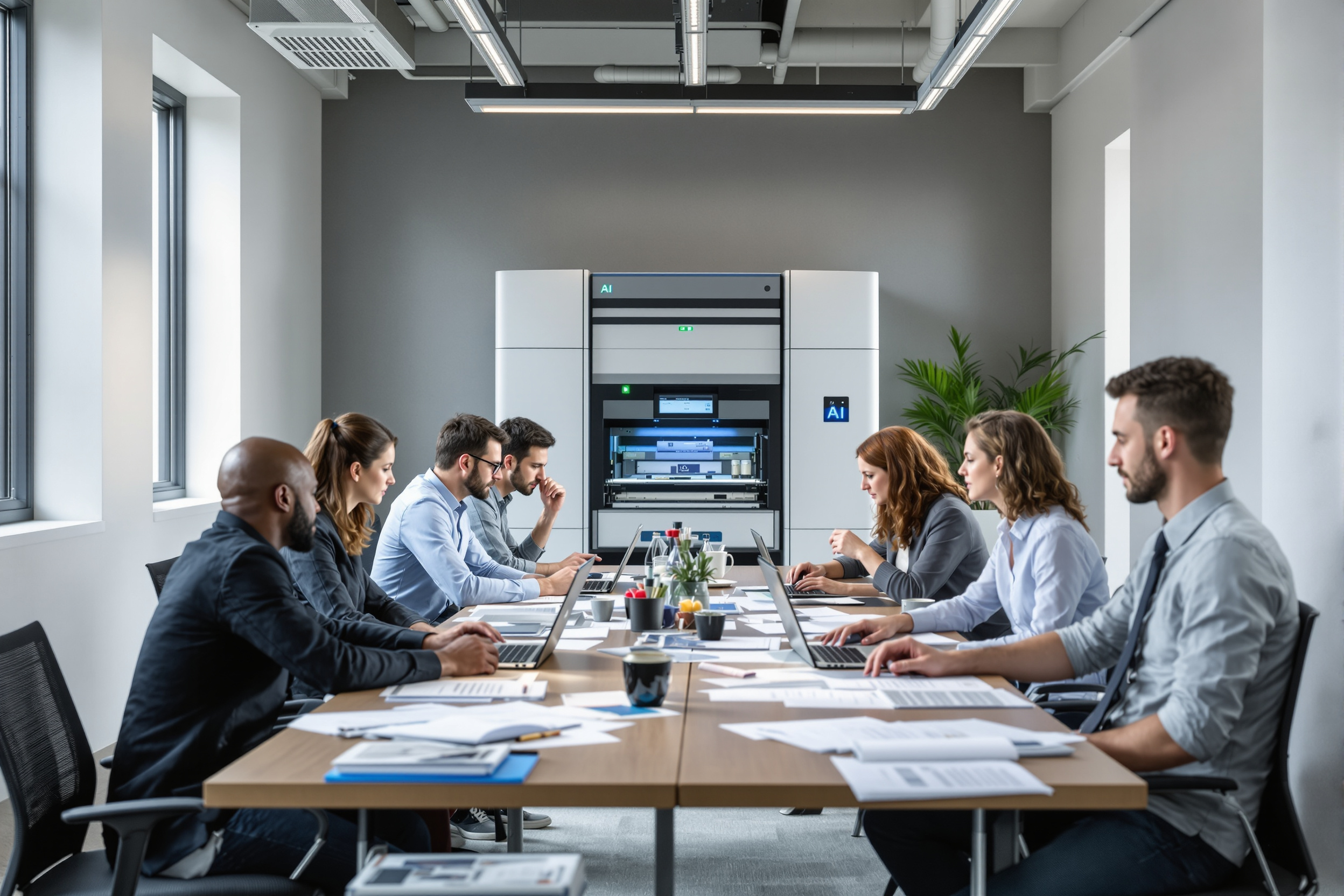 Mitarbeiter arbeiten gemeinsam an der Automatisierung des Dokumentenverständnisses mit KI.
