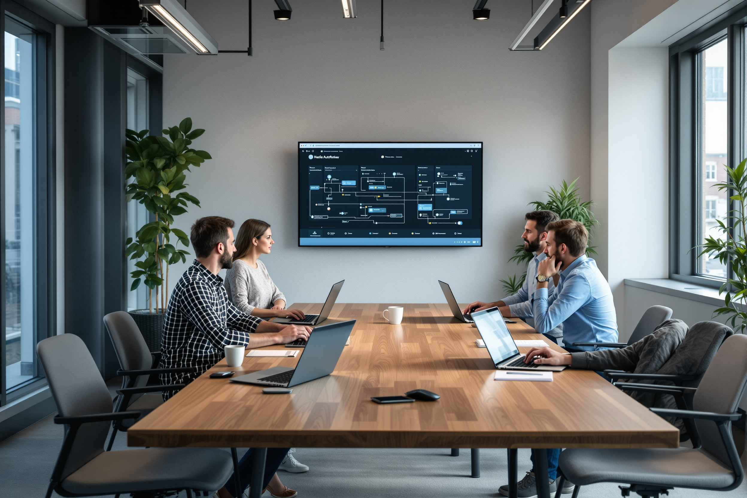 Team arbeitet an Workflow-Automatisierung mit No-Code-Plattform im Büro.