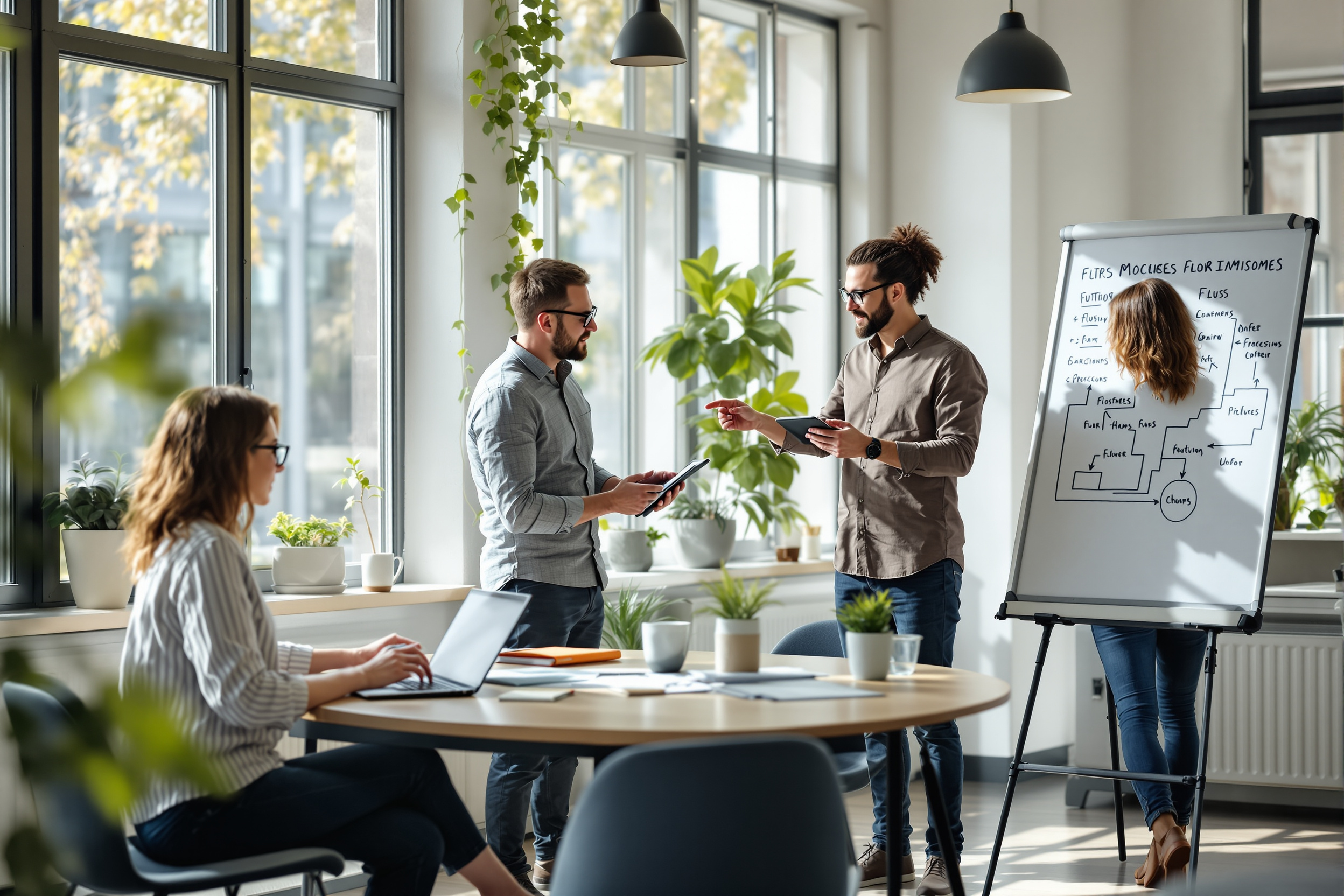 Team arbeitet gemeinsam an der Optimierung von Workflows mit einer No-Code Plattform.