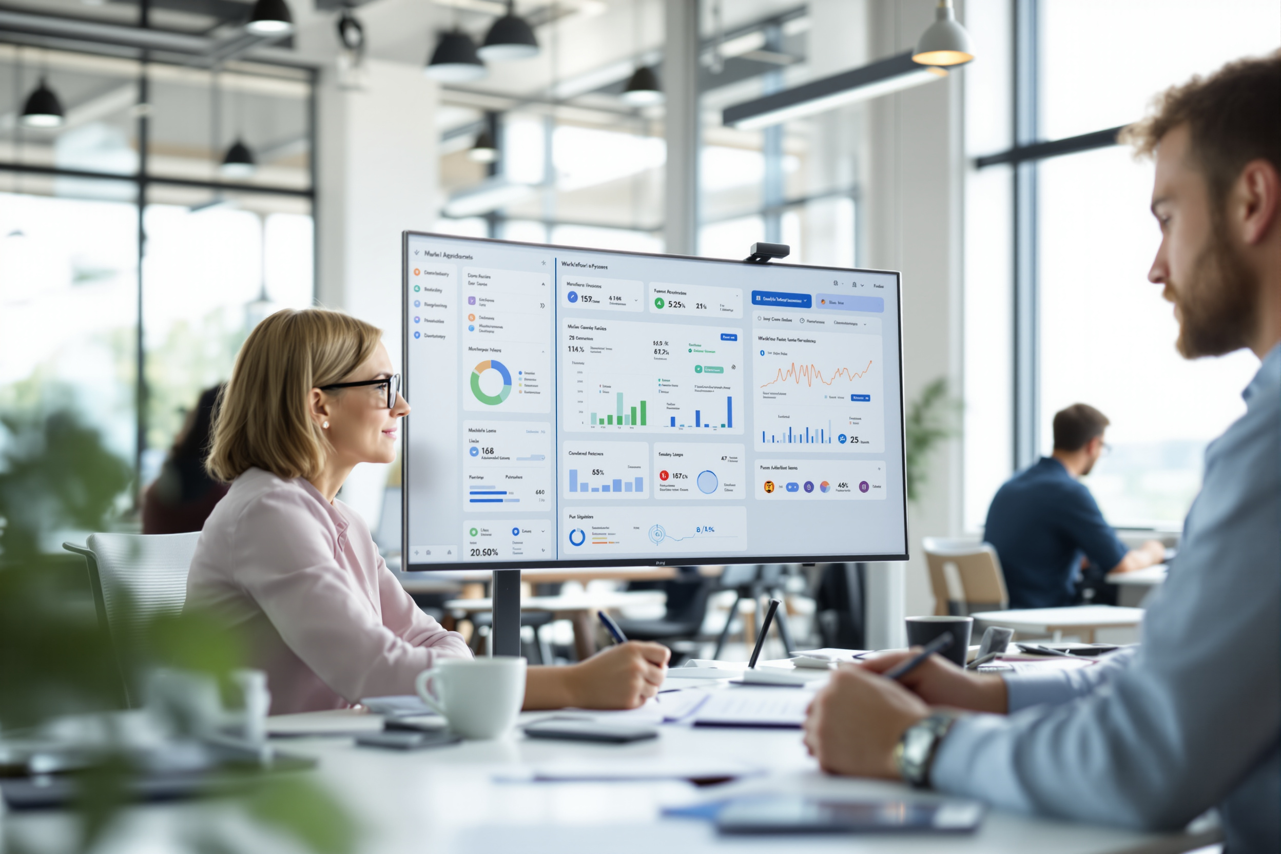 Mitarbeiter arbeiten gemeinsam an der Automatisierung mehrstufiger Genehmigungen in einem modernen Büro.