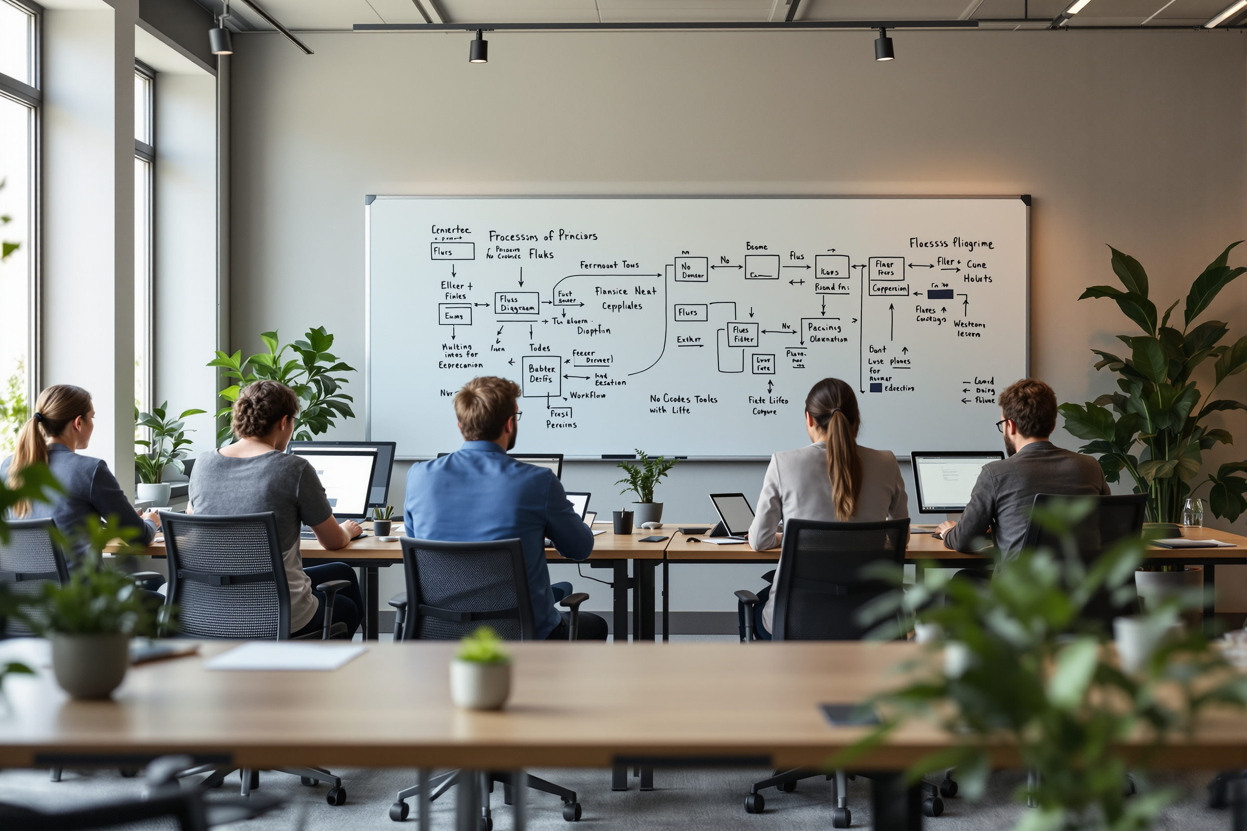 Mitarbeiter arbeiten gemeinsam an der fehlerfreien Gestaltung von Workflows mit No-Code-Tools in einem modernen Büro.