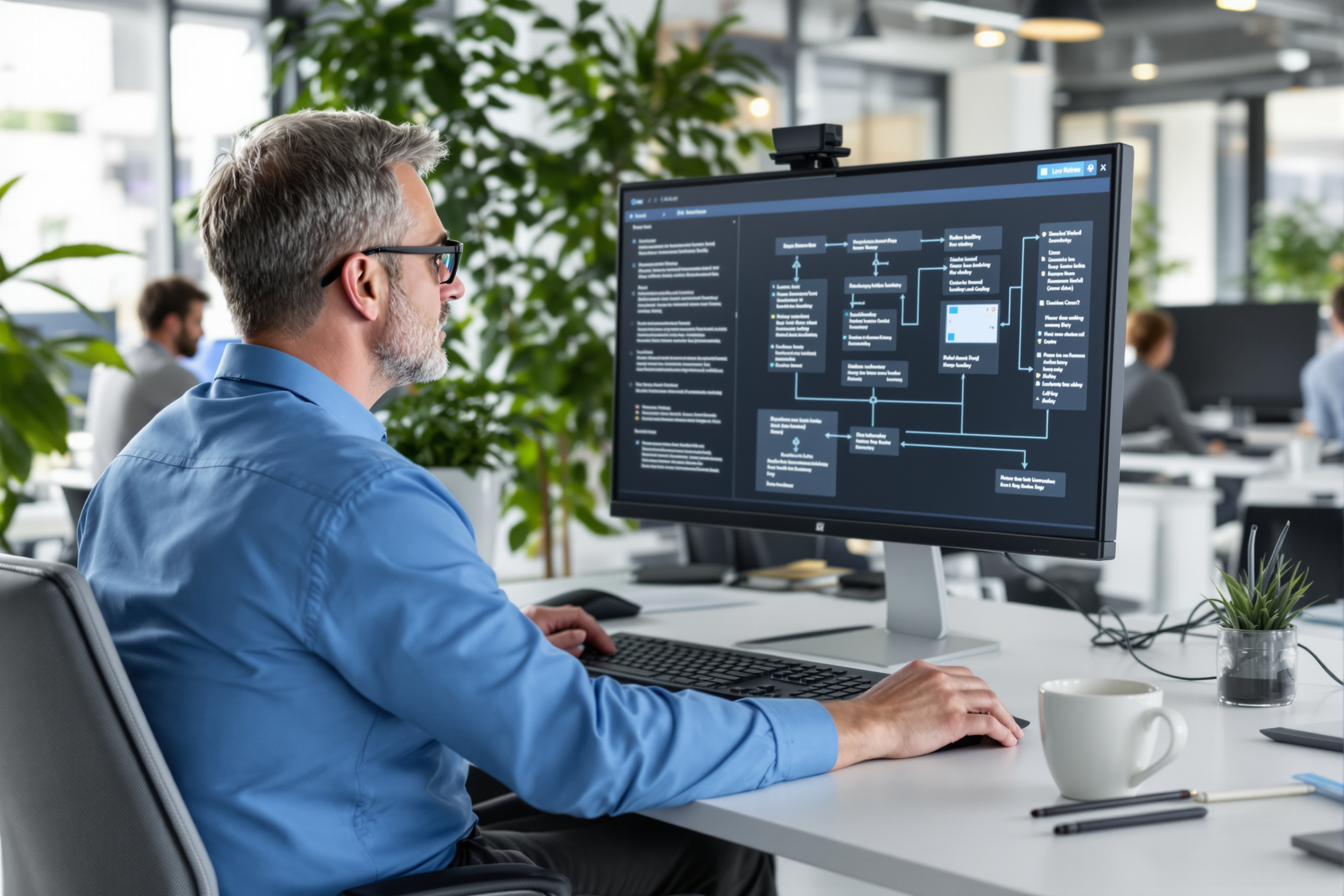 Mitarbeiter optimiert Workflow mit No-Code-Plattform am Computer.