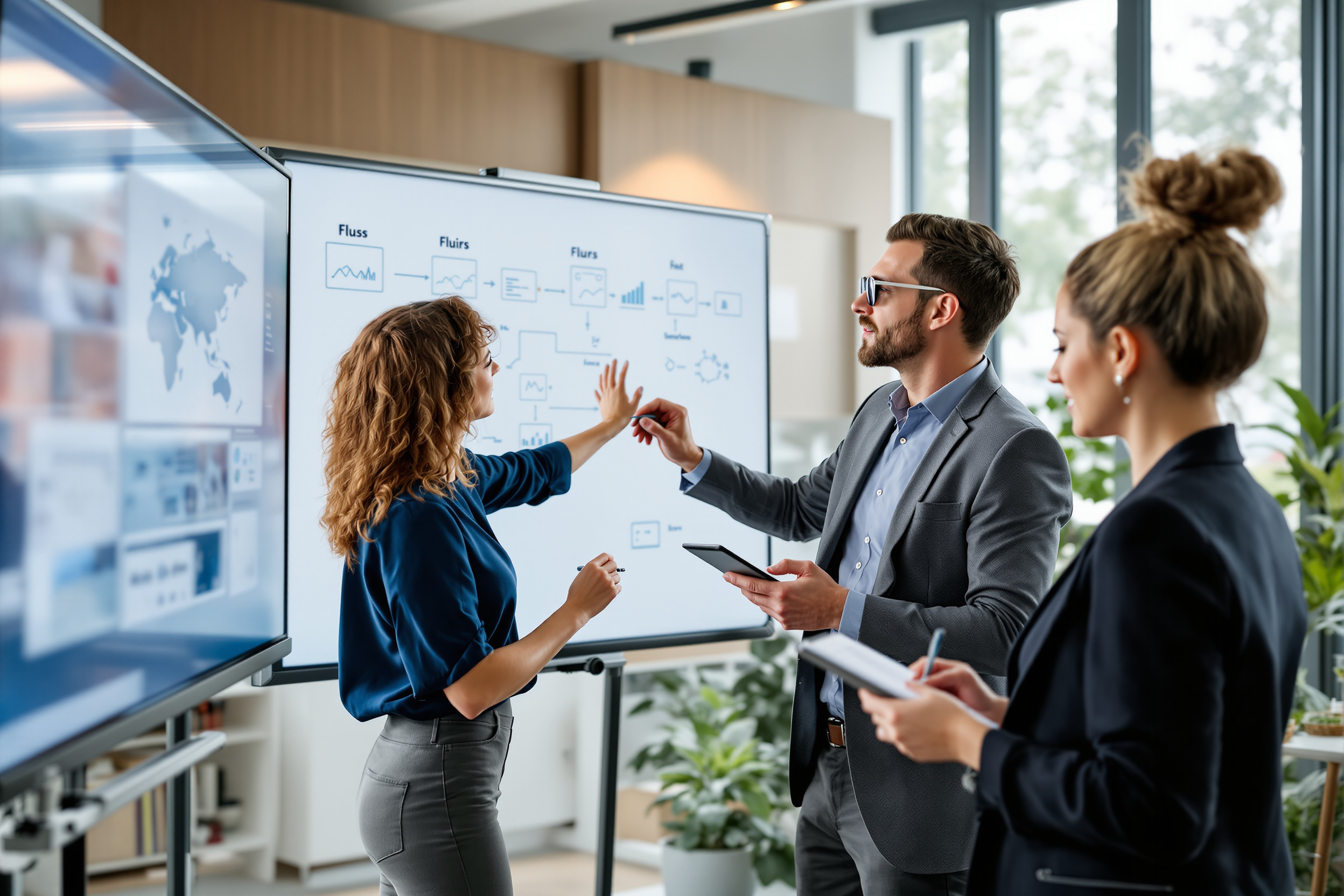 Team arbeitet an digitalem Whiteboard