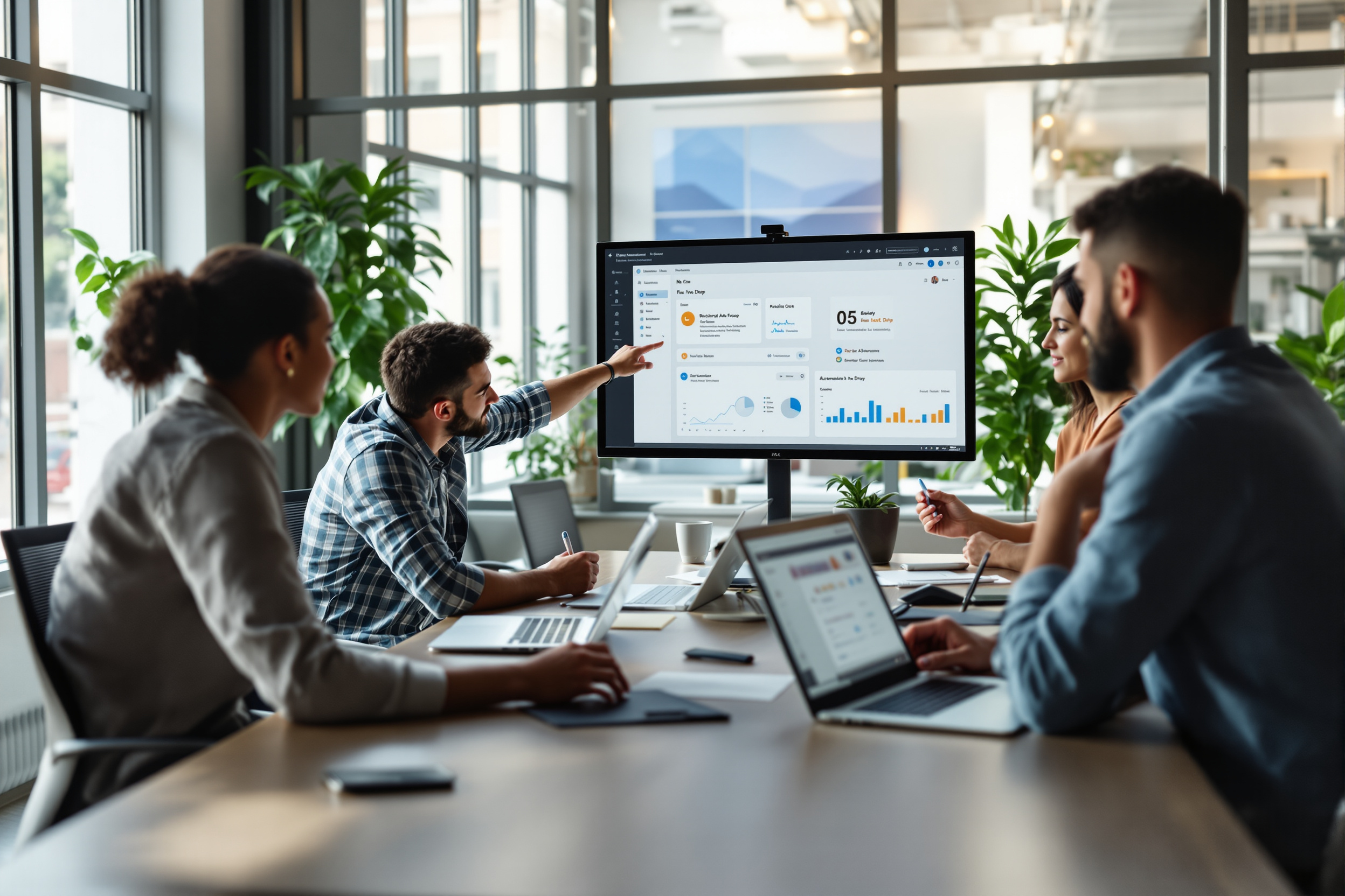 Team arbeitet gemeinsam an Prozessautomatisierung mit No-Code-Plattform in modernem Büro.
