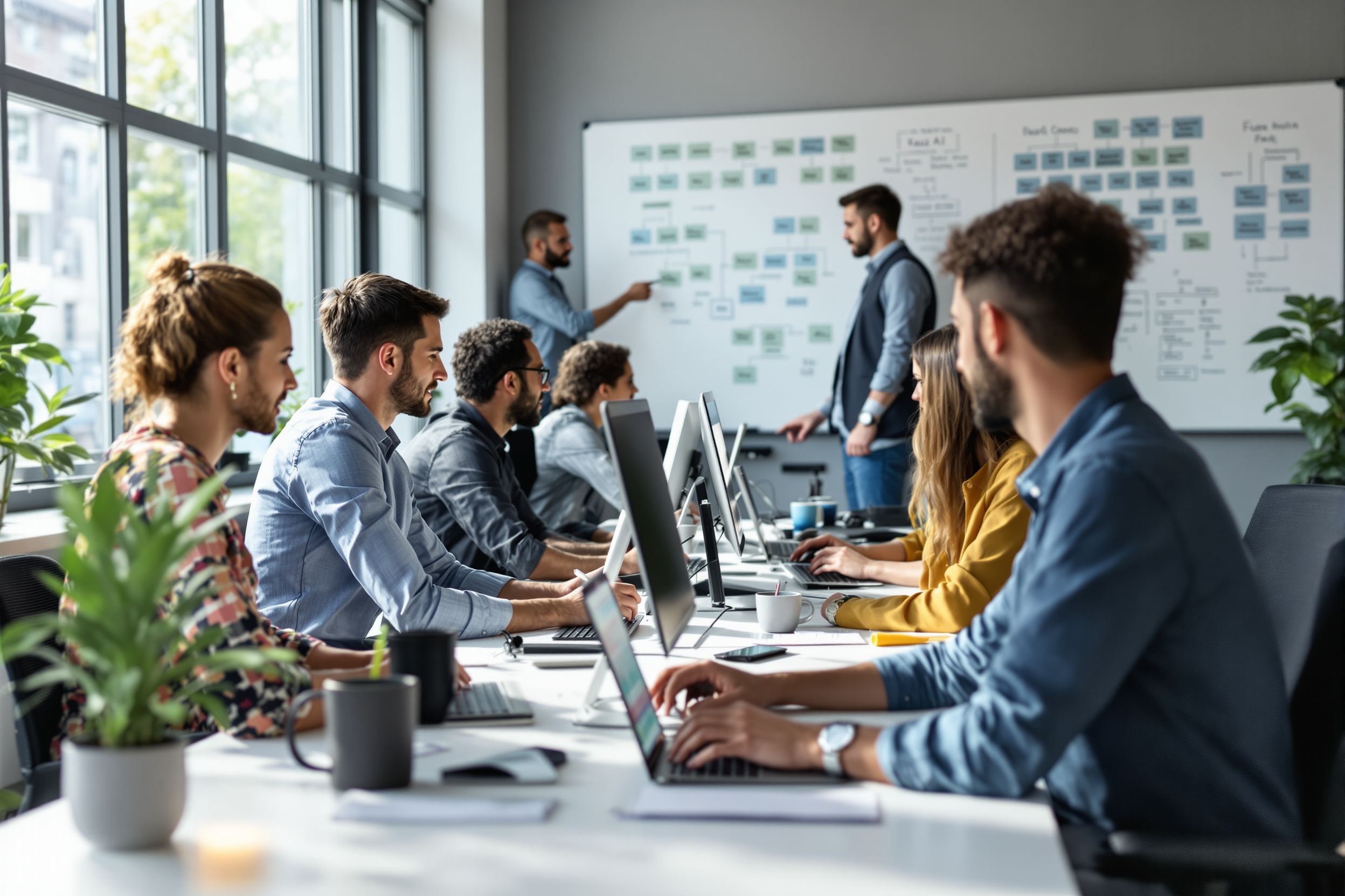 Team arbeitet an der Automatisierung von Wissensworkflows im Büro.