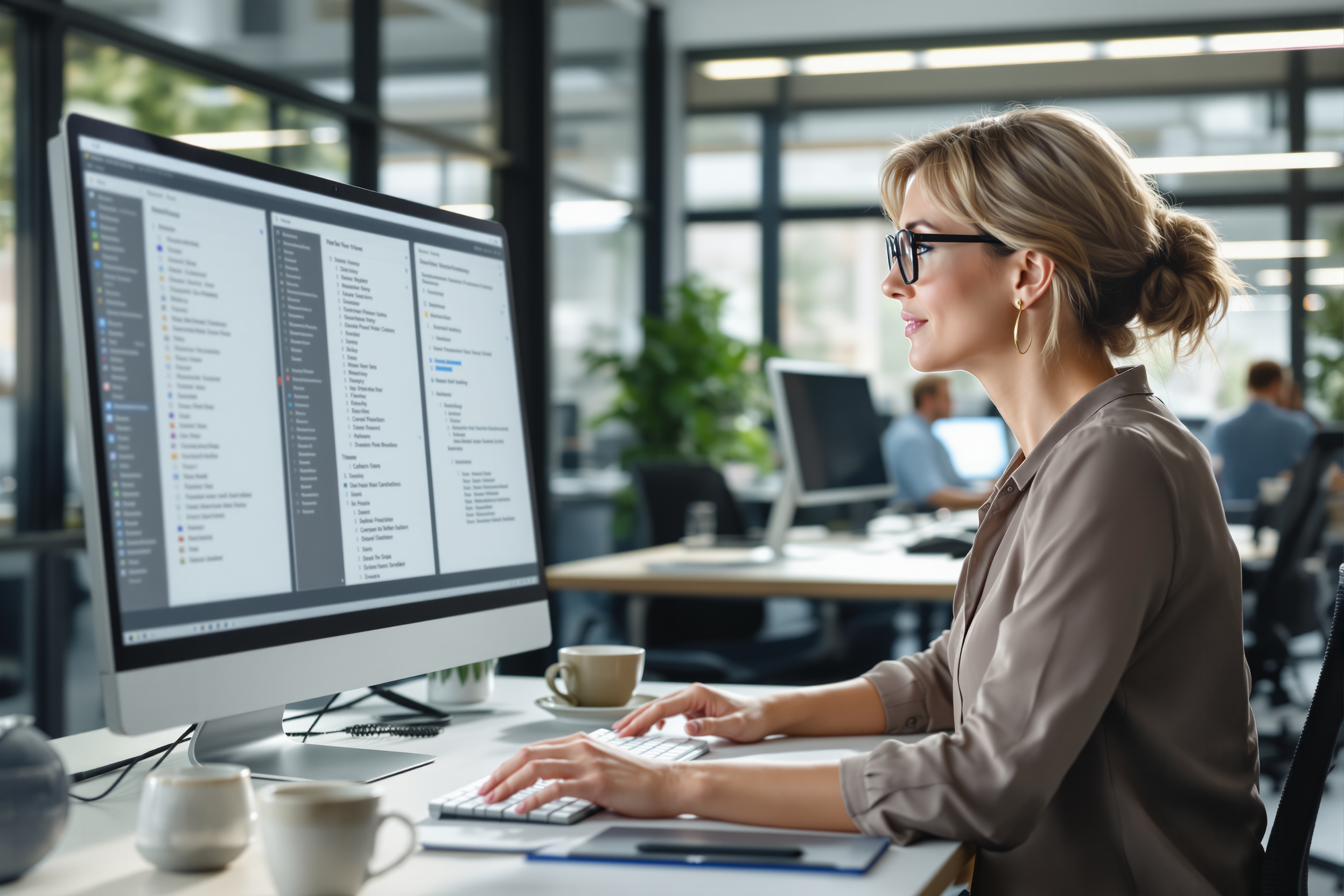 Mitarbeiterin nutzt Software zur Workflow-Versionierung im Büro