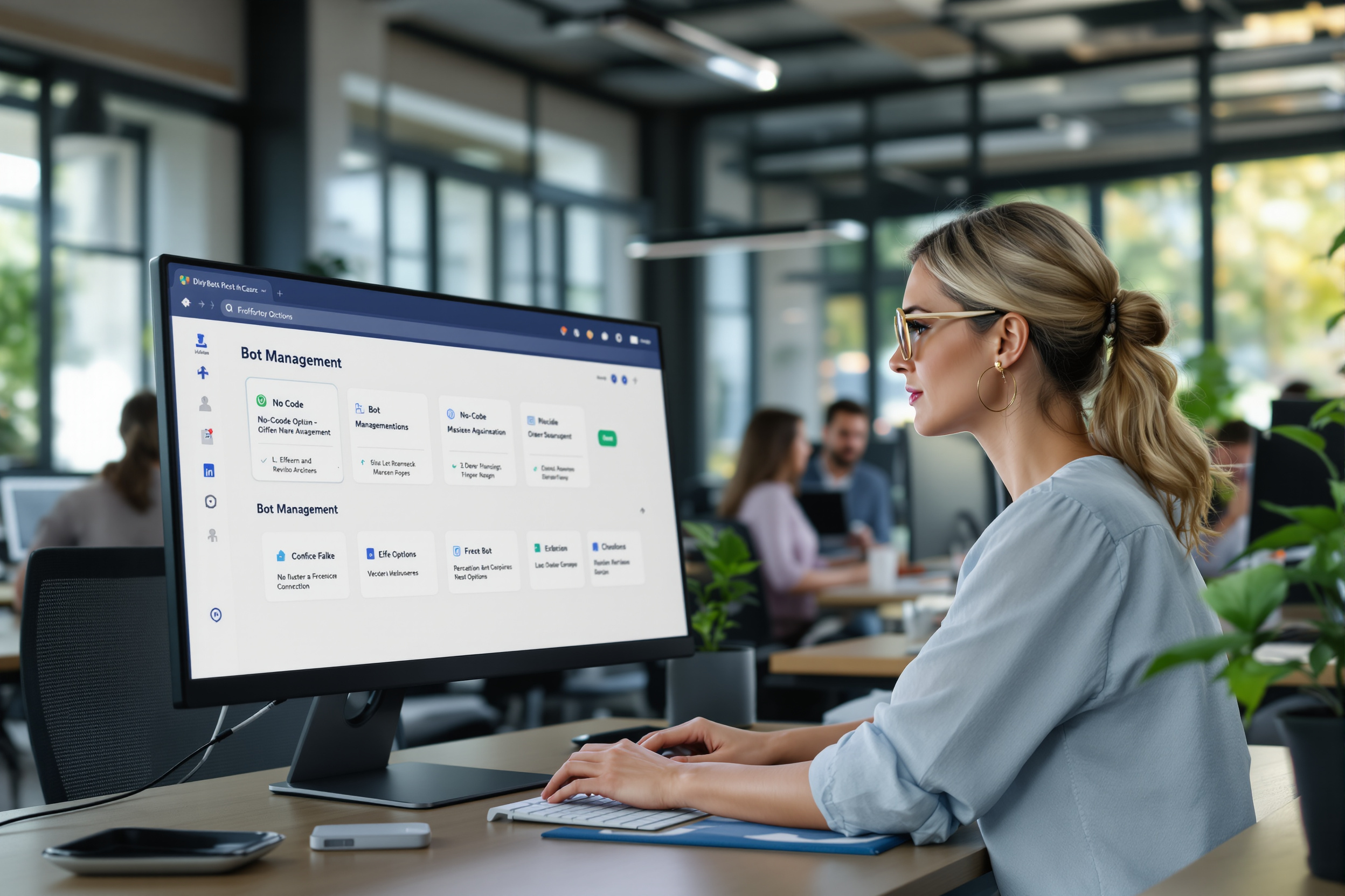 Mitarbeiterin nutzt No-Code-Plattform für Bot Management im Büro.
