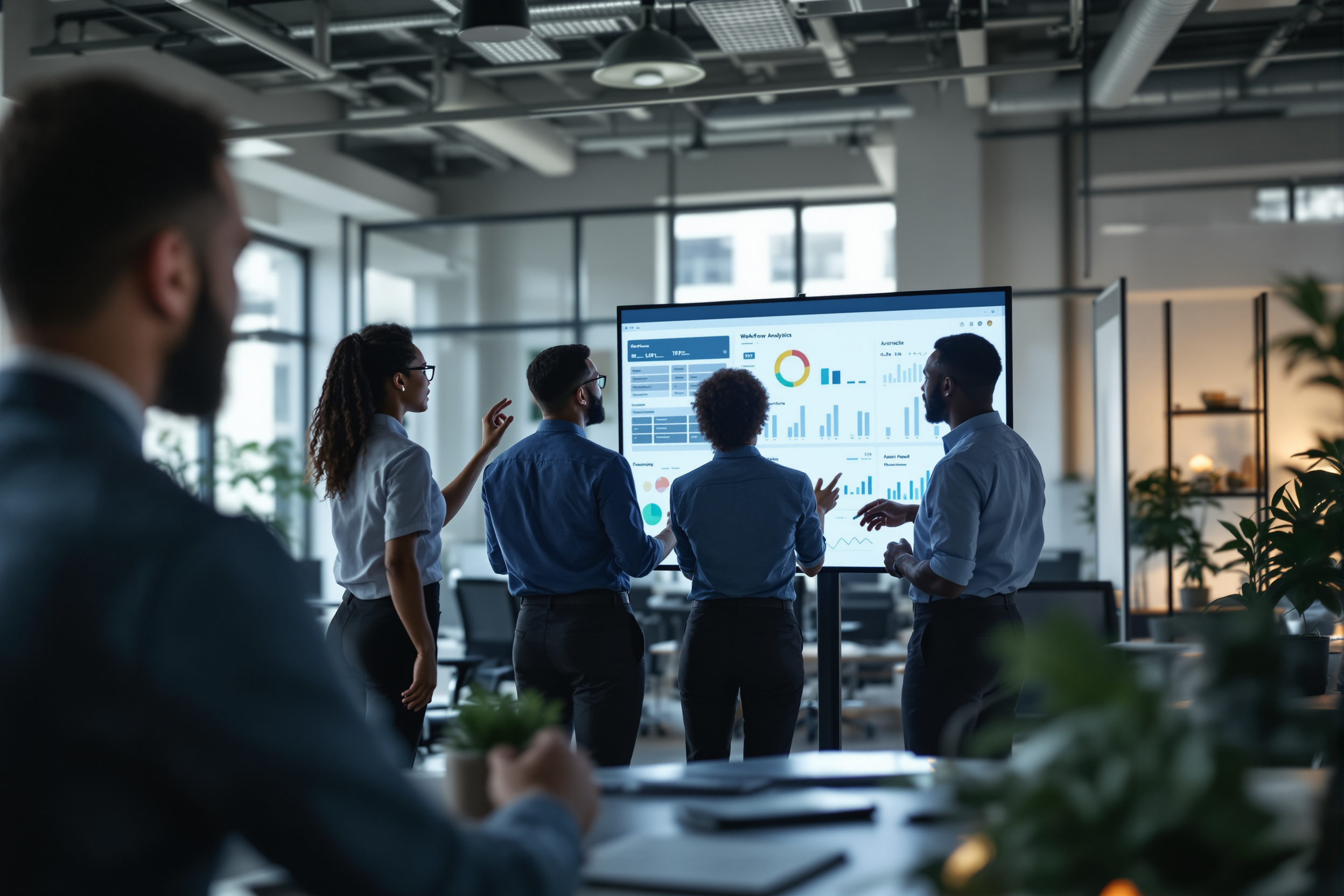 Team analysiert Workflow-Daten auf einem Monitor