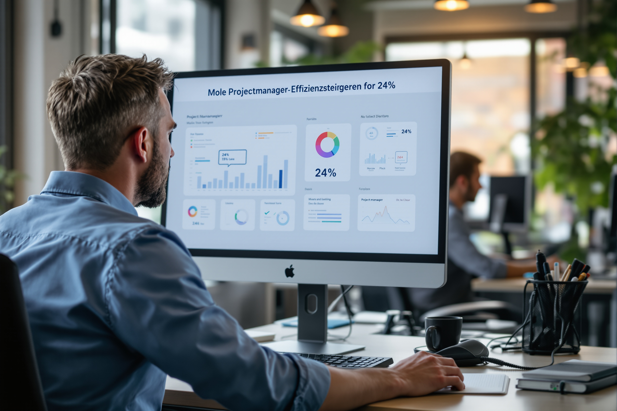Projektmanager analysiert Effizienzsteigerung durch No-Code-Automatisierung am Computer.