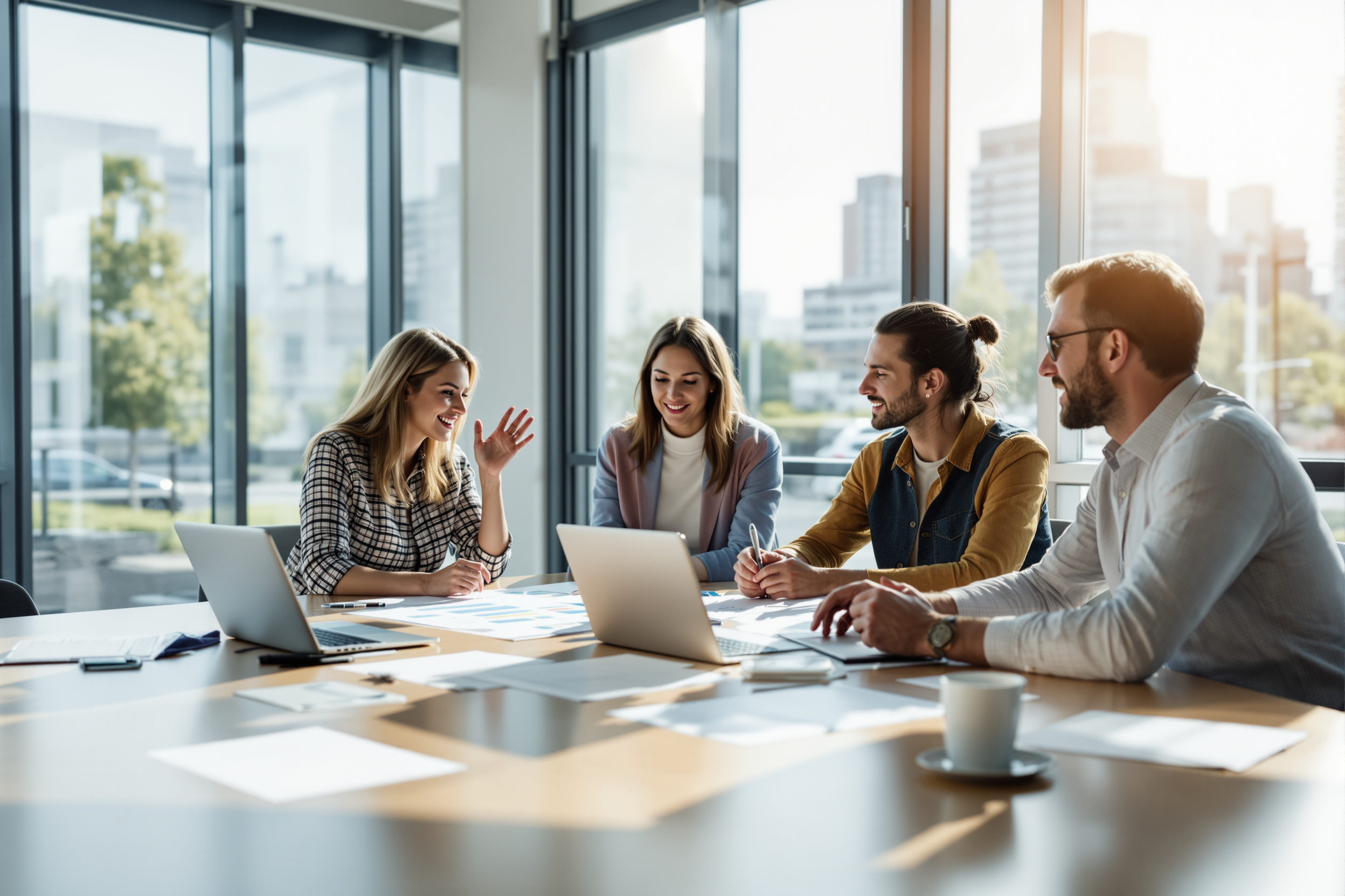 Team arbeitet gemeinsam an Agentic AI-Lösungen im modernen Büro.