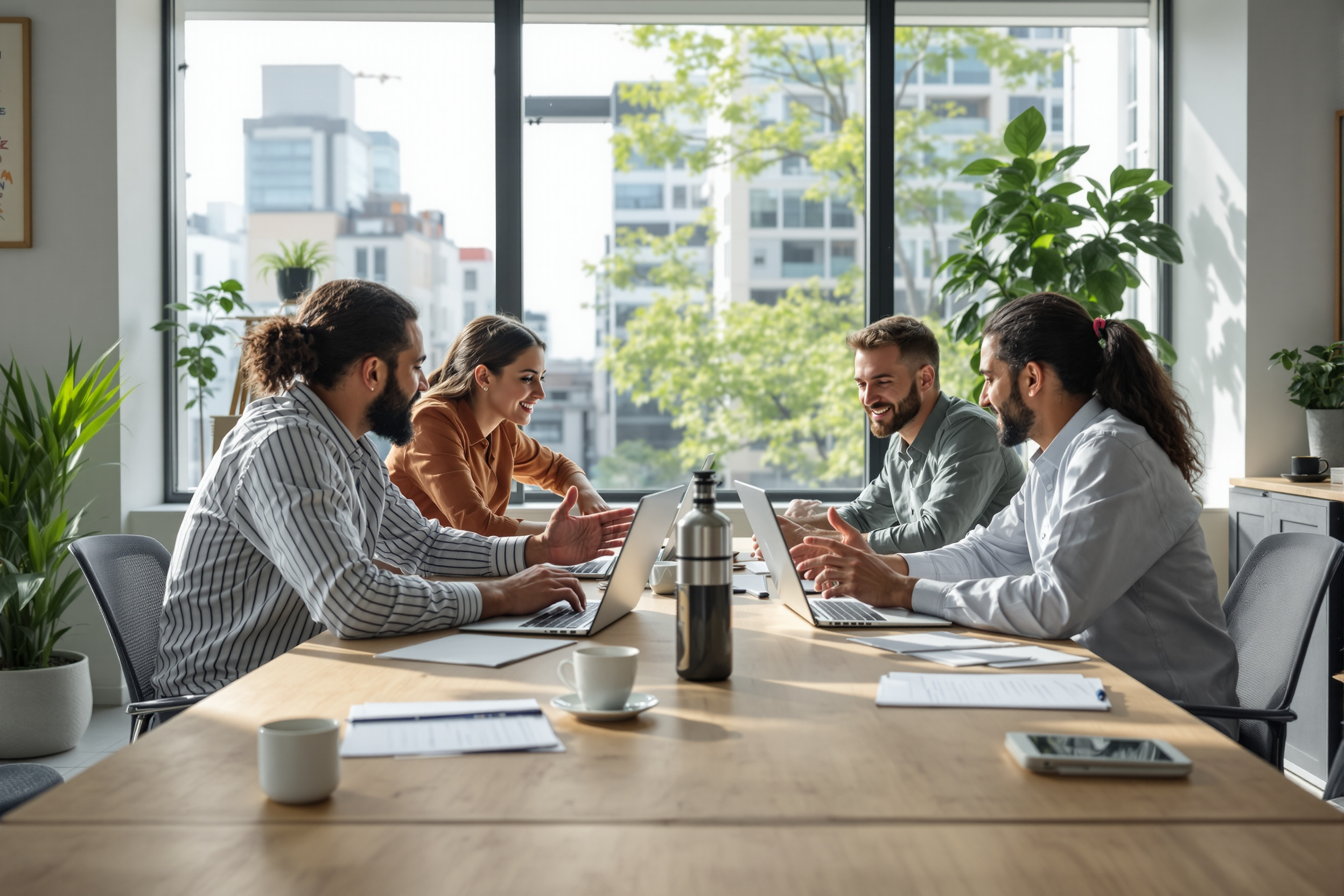 Team arbeitet kollaborativ an einer KI-Lösung im modernen Büro.