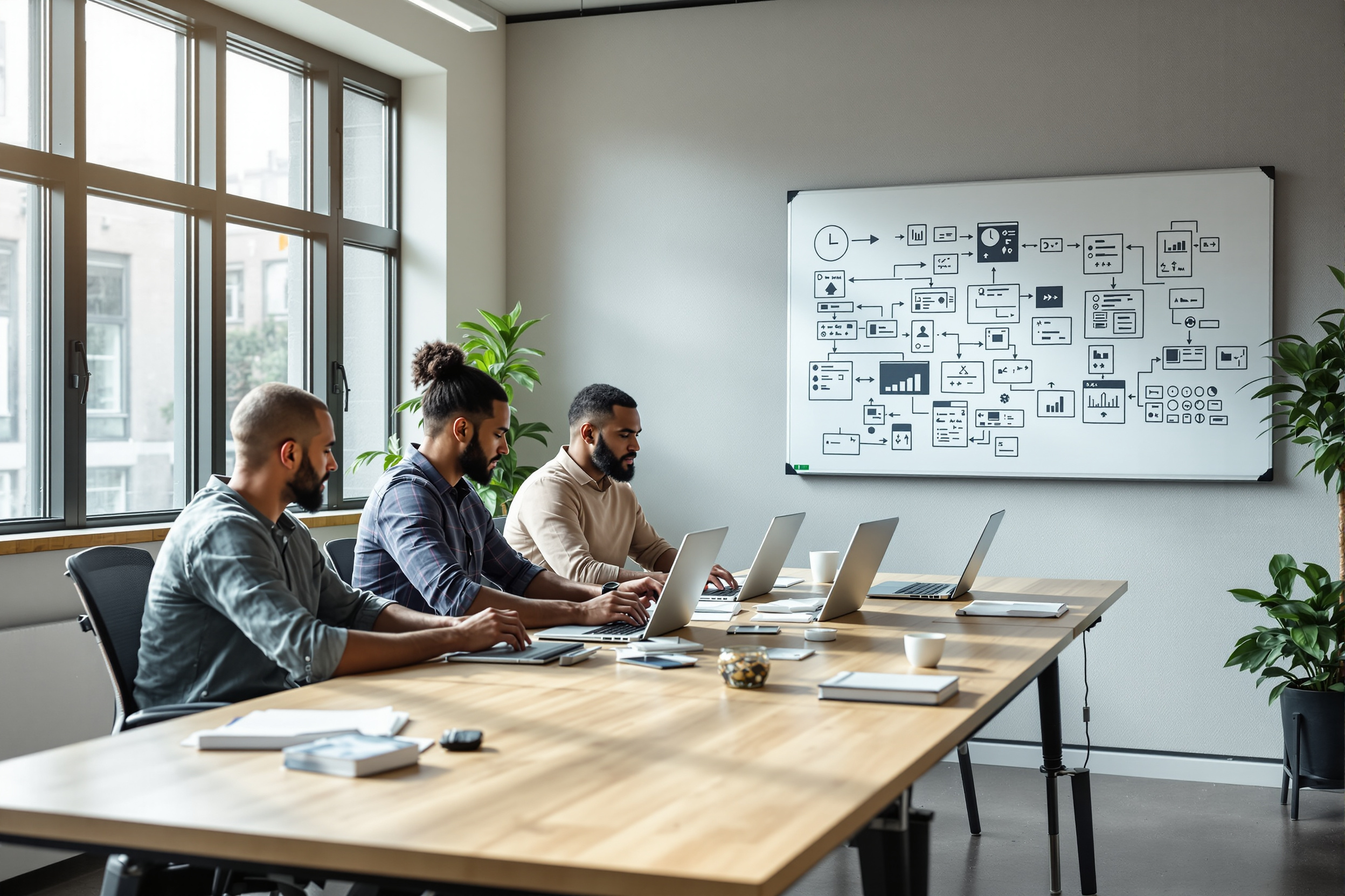 Team arbeitet gemeinsam an KI-Projekten in einem modernen Büro.
