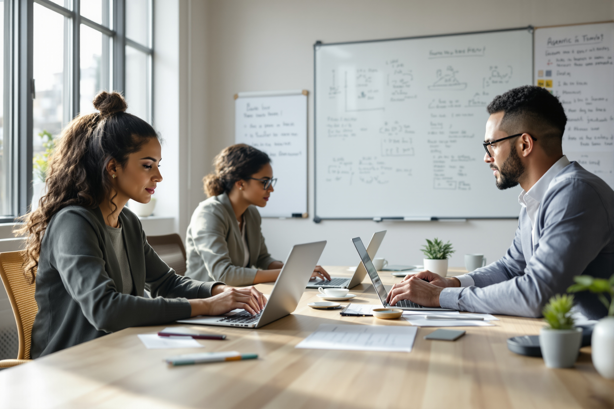 Team arbeitet mit Agentic AI an Laptops in einem modernen Büro.