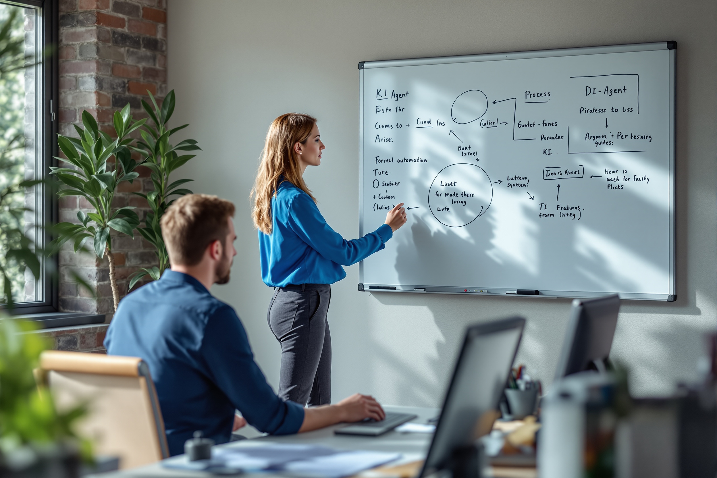 Projektmanagerin erklärt die Automatisierung von Prozessen mit KI-Agenten an einem Whiteboard.