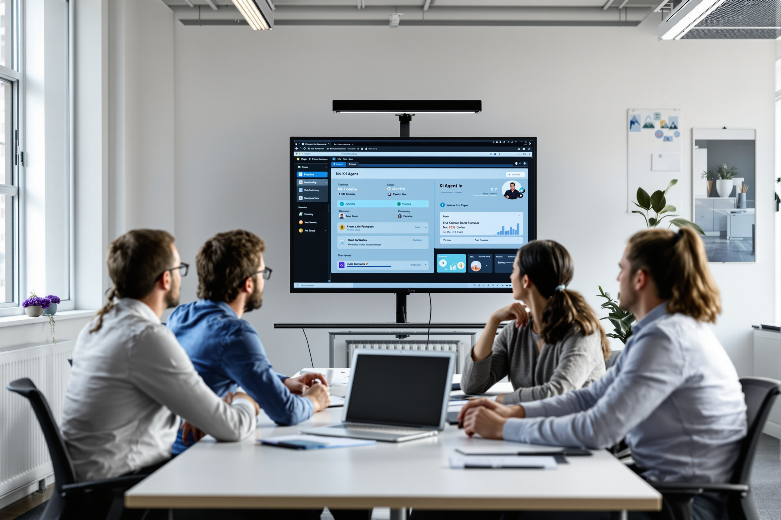 Team arbeitet gemeinsam an einer No-Code-Plattform zur Erstellung von KI-Agenten in einem modernen Büro.